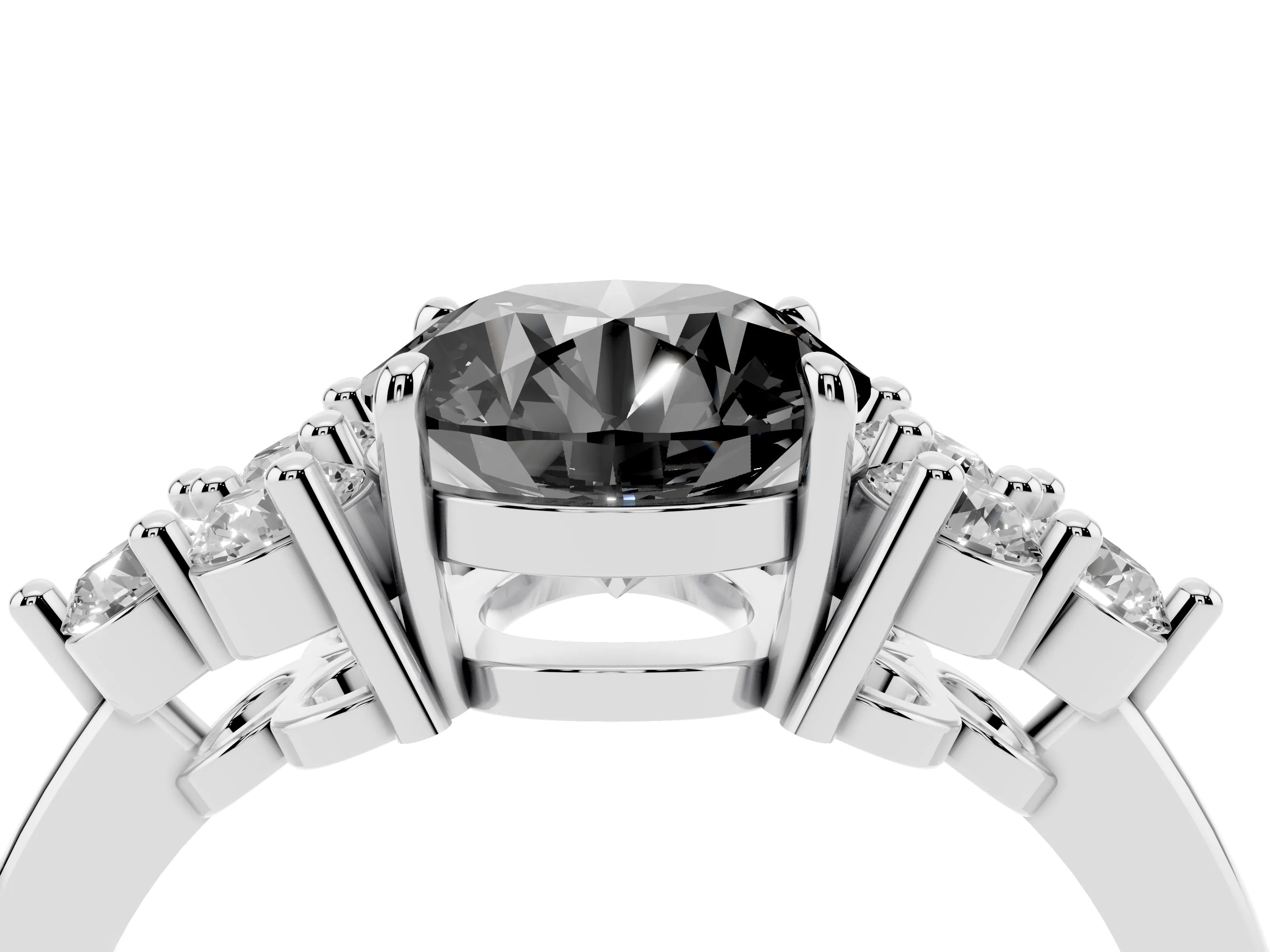 Fancy Black Round Cut Diamond Solitaire Ring Set in Silver with Cluster Accents on Each Side