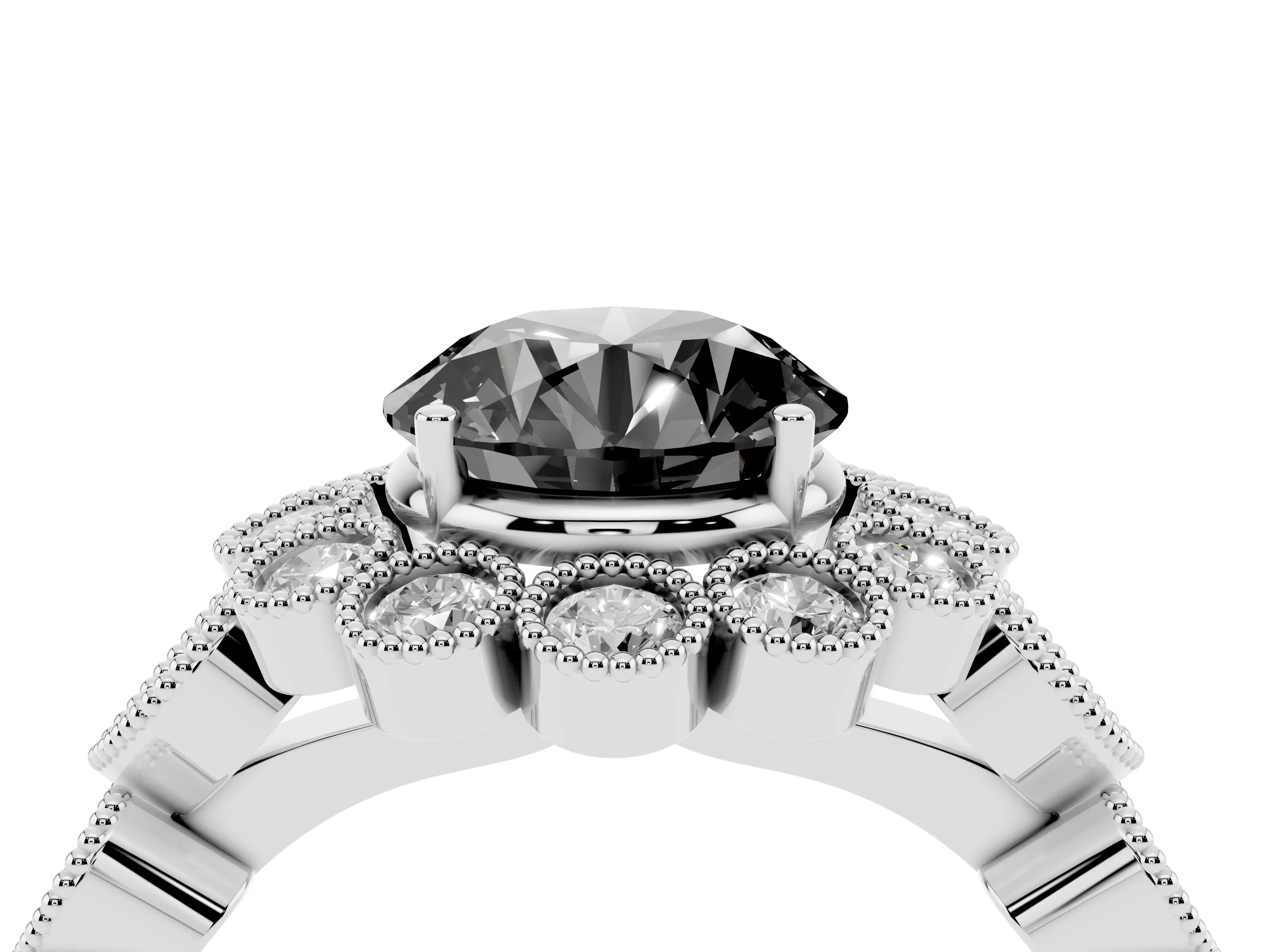 Fancy Black Round Cut Diamond Solitaire Ring Set in White gold with Milgrain Pavé Heart Band