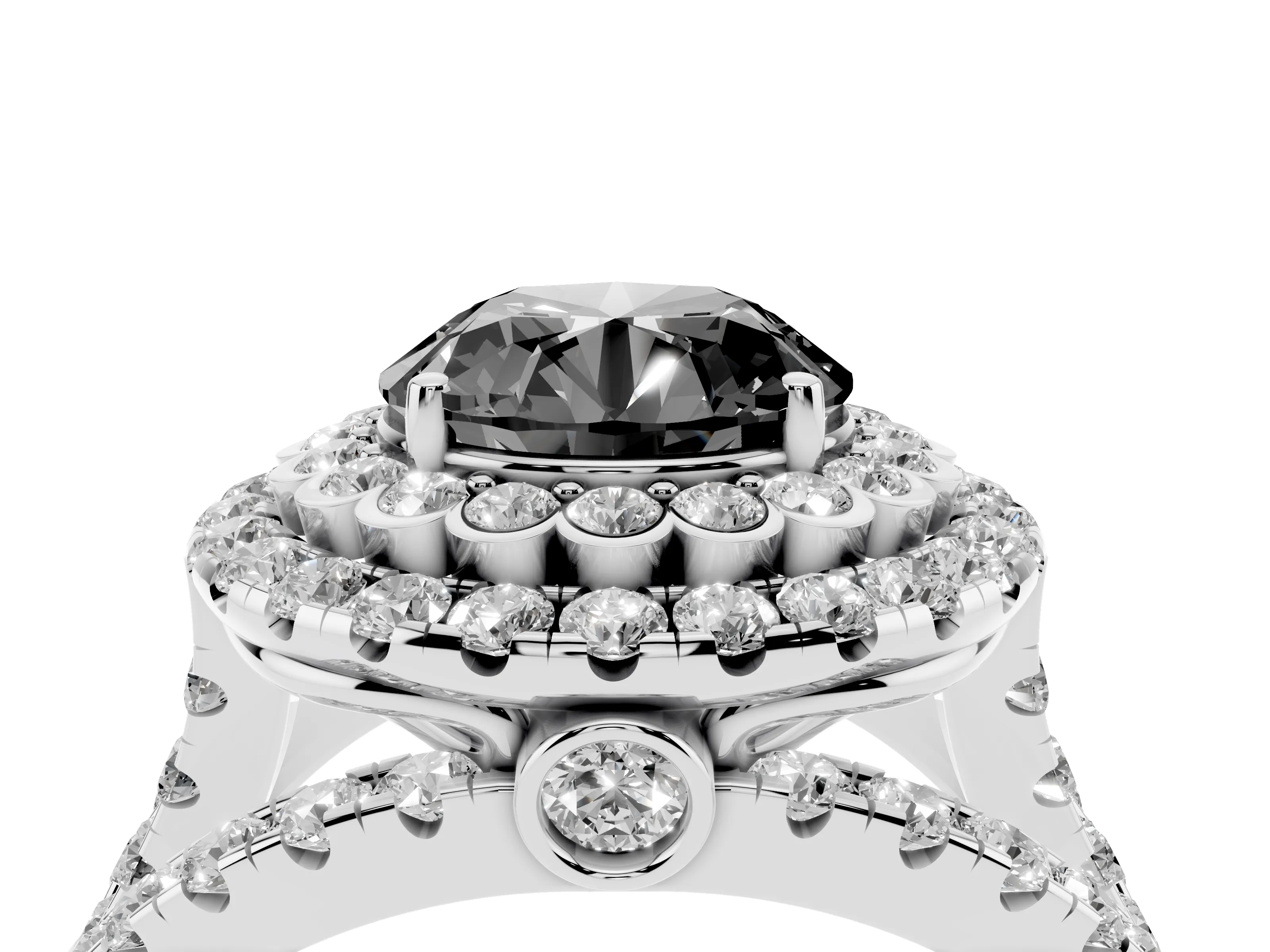 Fancy Black Round Cut Diamond Double Halo Ring Set in White gold with Round Pavé Split Shank