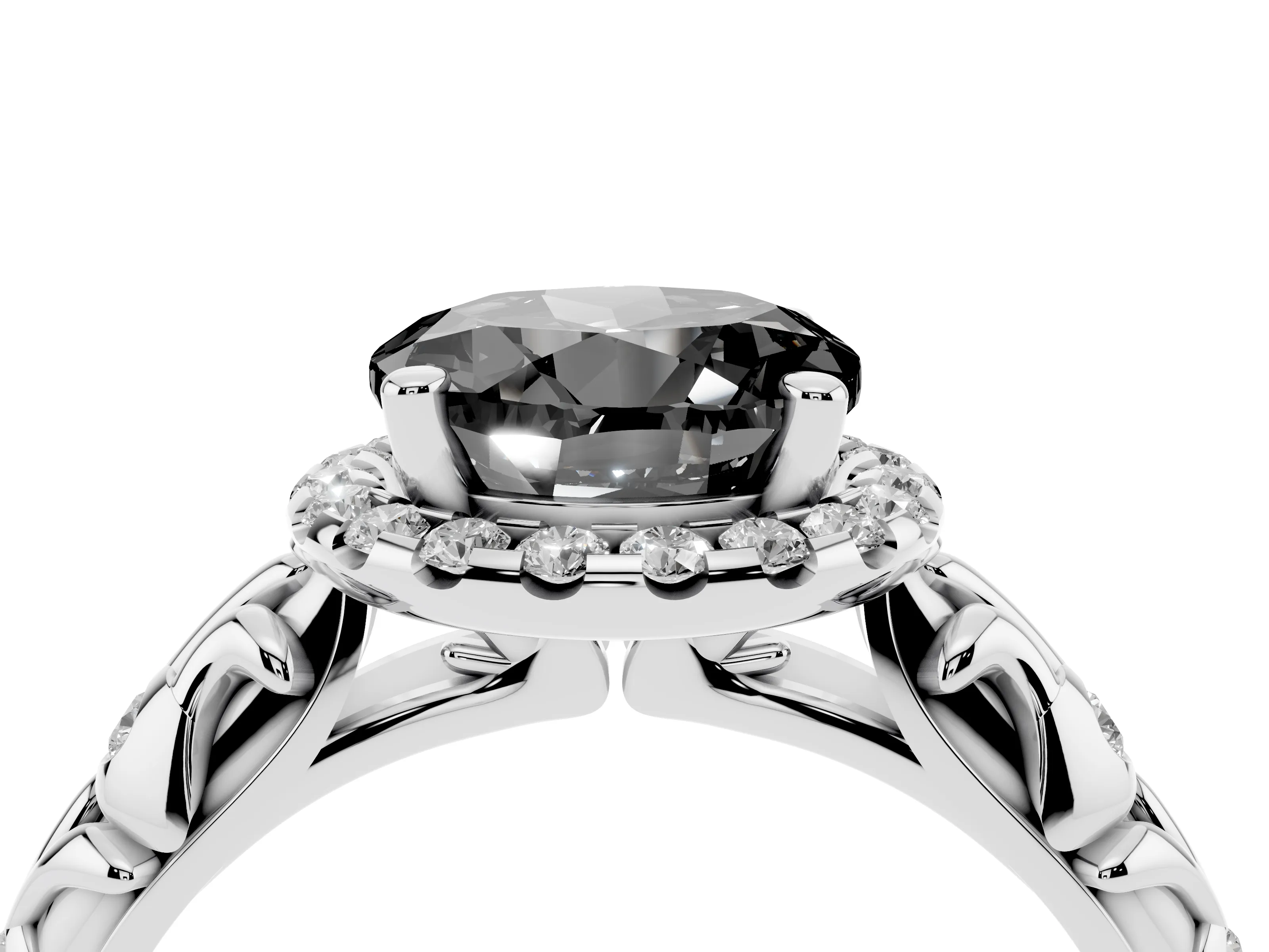 Fancy Black Round Cut Diamond Halo Ring Set in Silver with Filigree Leaf Band and Prong Setting