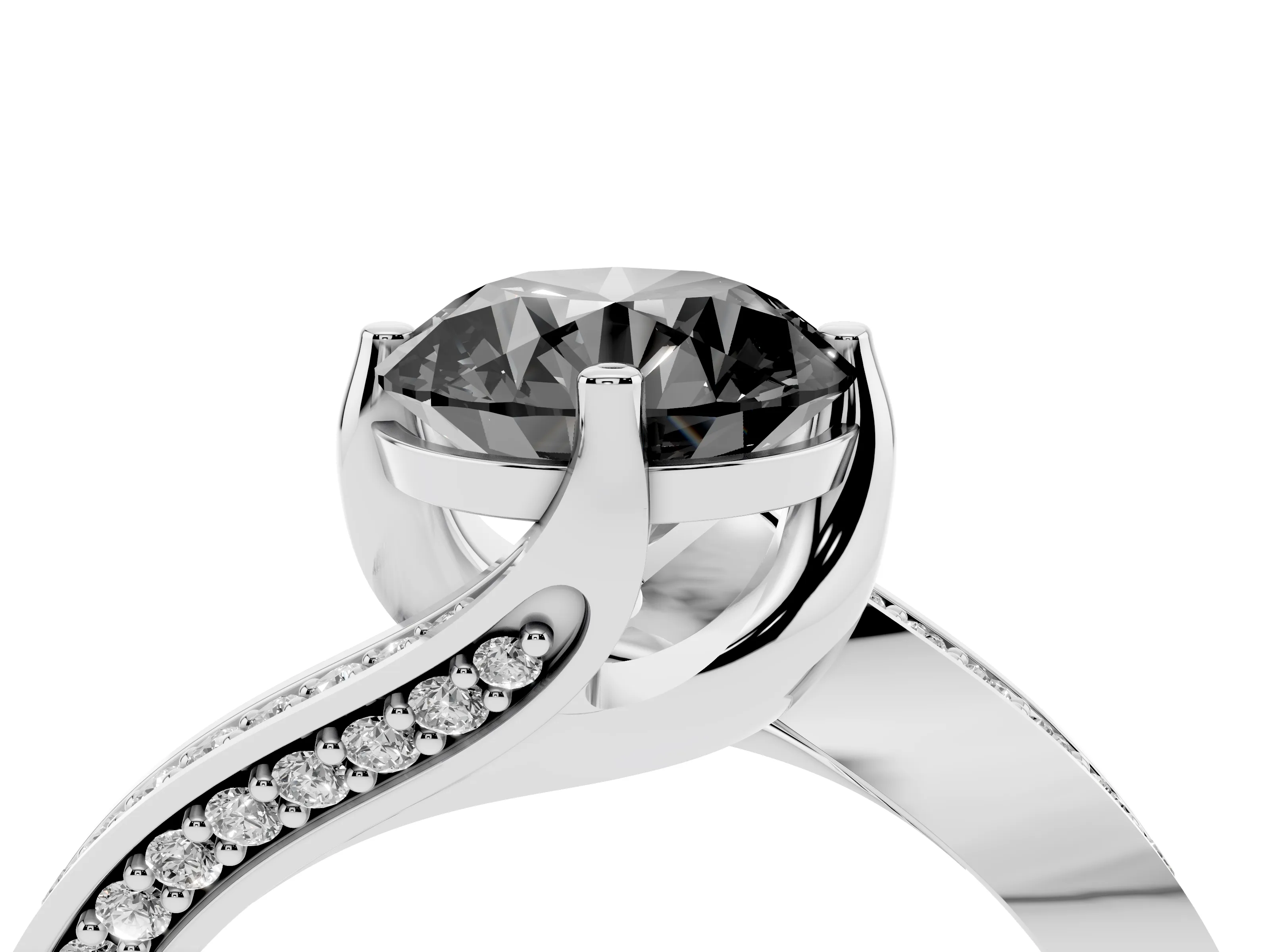 Fancy Black Round Cut Diamond Solitaire Ring Set in White gold with Intertwined Pavé Twist Band