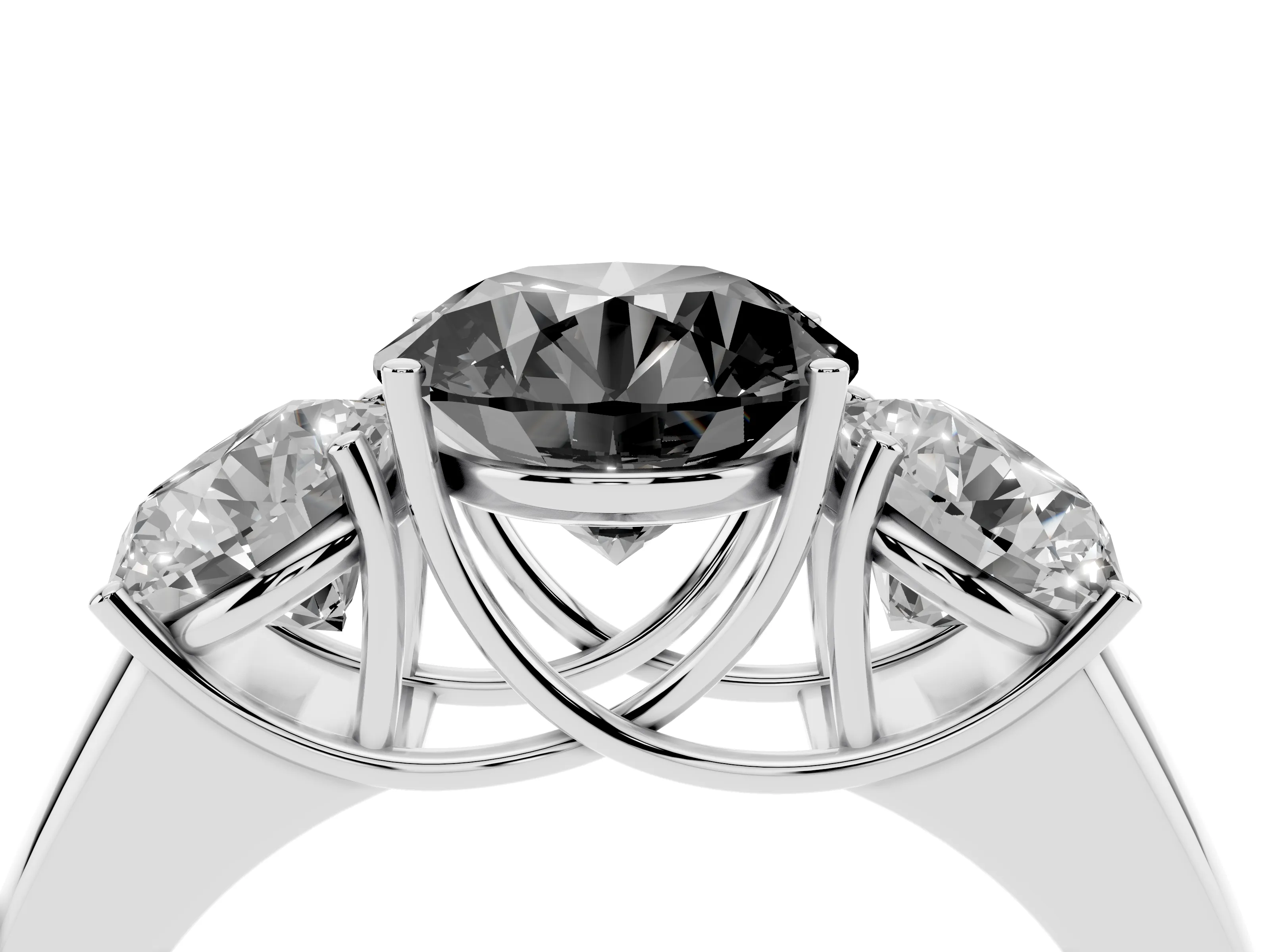 Fancy Black Three-Stone Round Cut Diamond Ring Set in Platinum with Matching Prong Settings and Plain Band