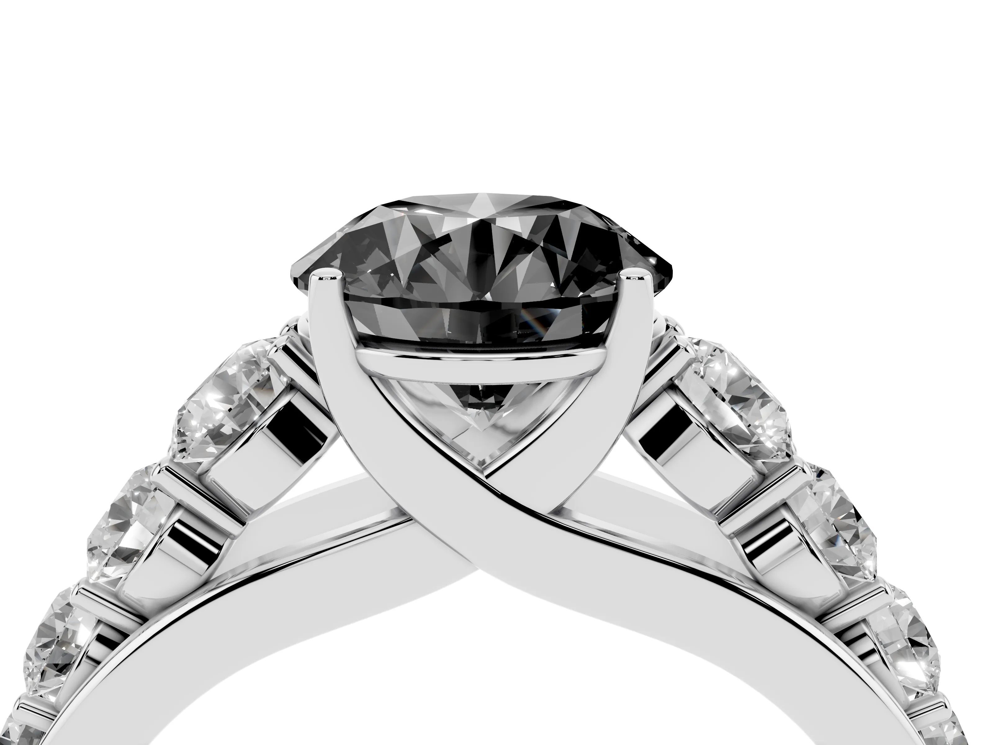 Fancy Black Round Cut Diamond Solitaire Ring Set in Silver with Pavé-Set Band and Prong Setting