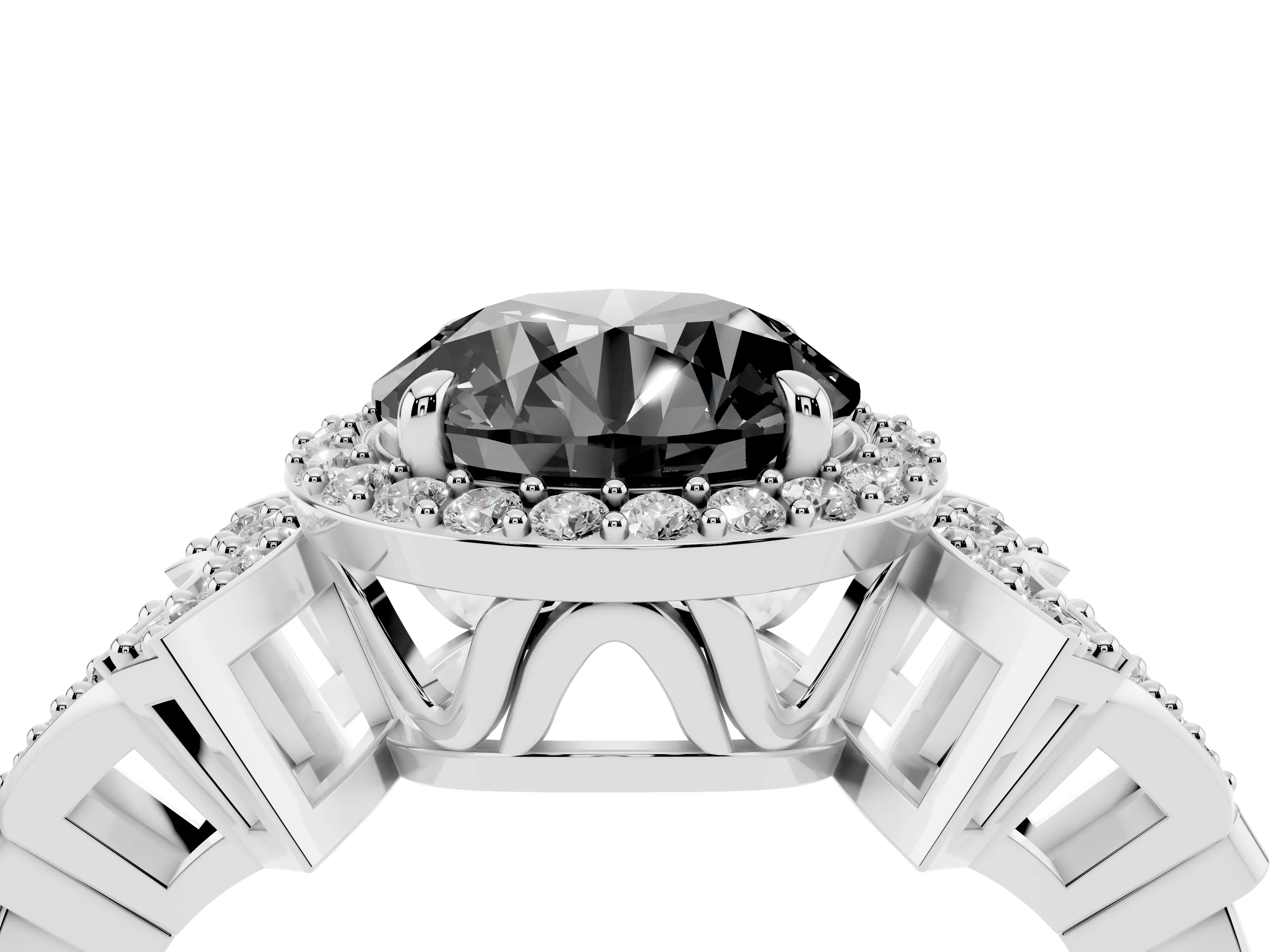 Fancy Black Round Cut Diamond Halo Engagement Ring Set in Silver with Accent Stone Split Shank