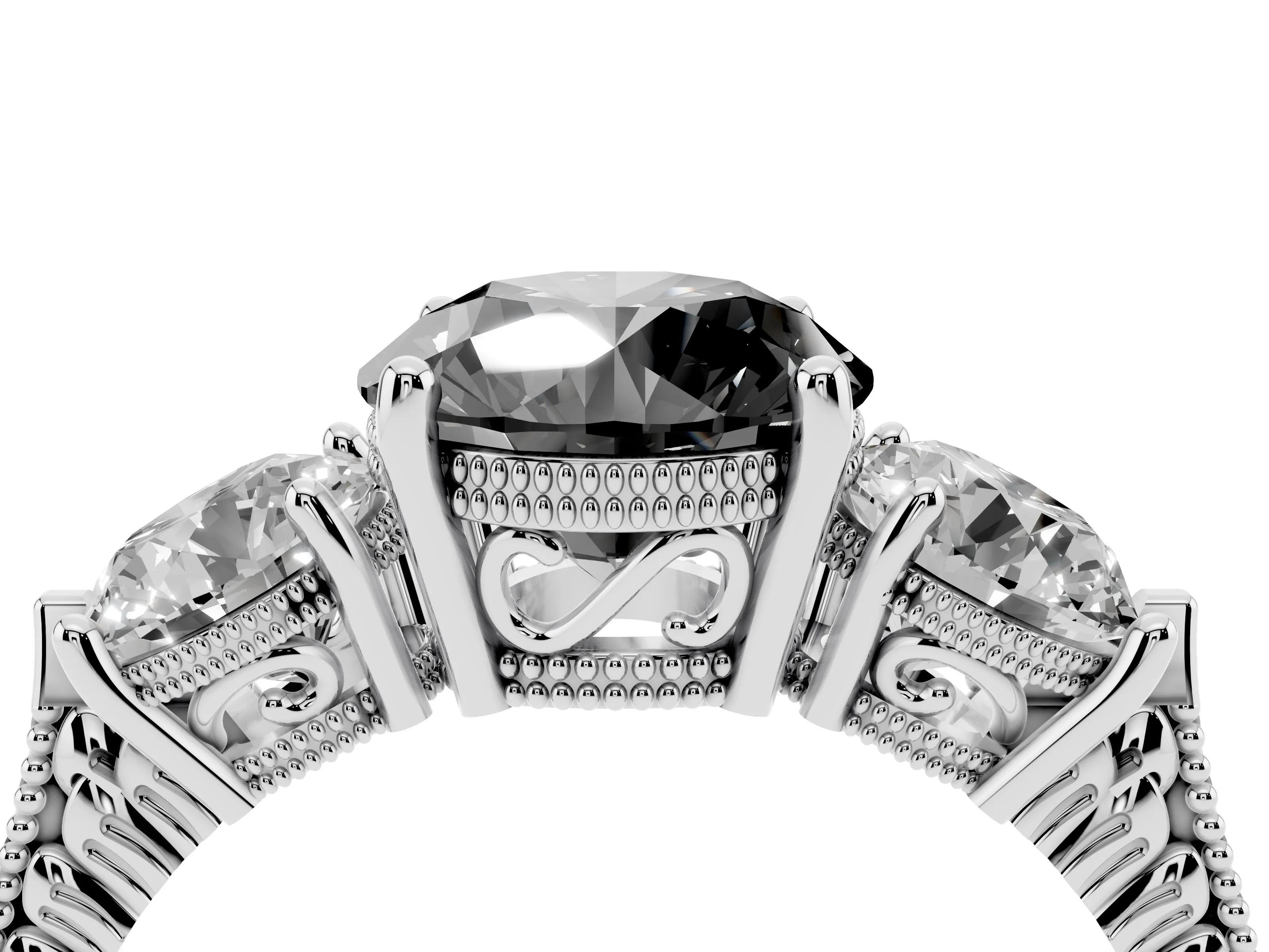 Fancy Black Round Cut Diamond Three-Stone Ring Set in Silver with Milgrain Band