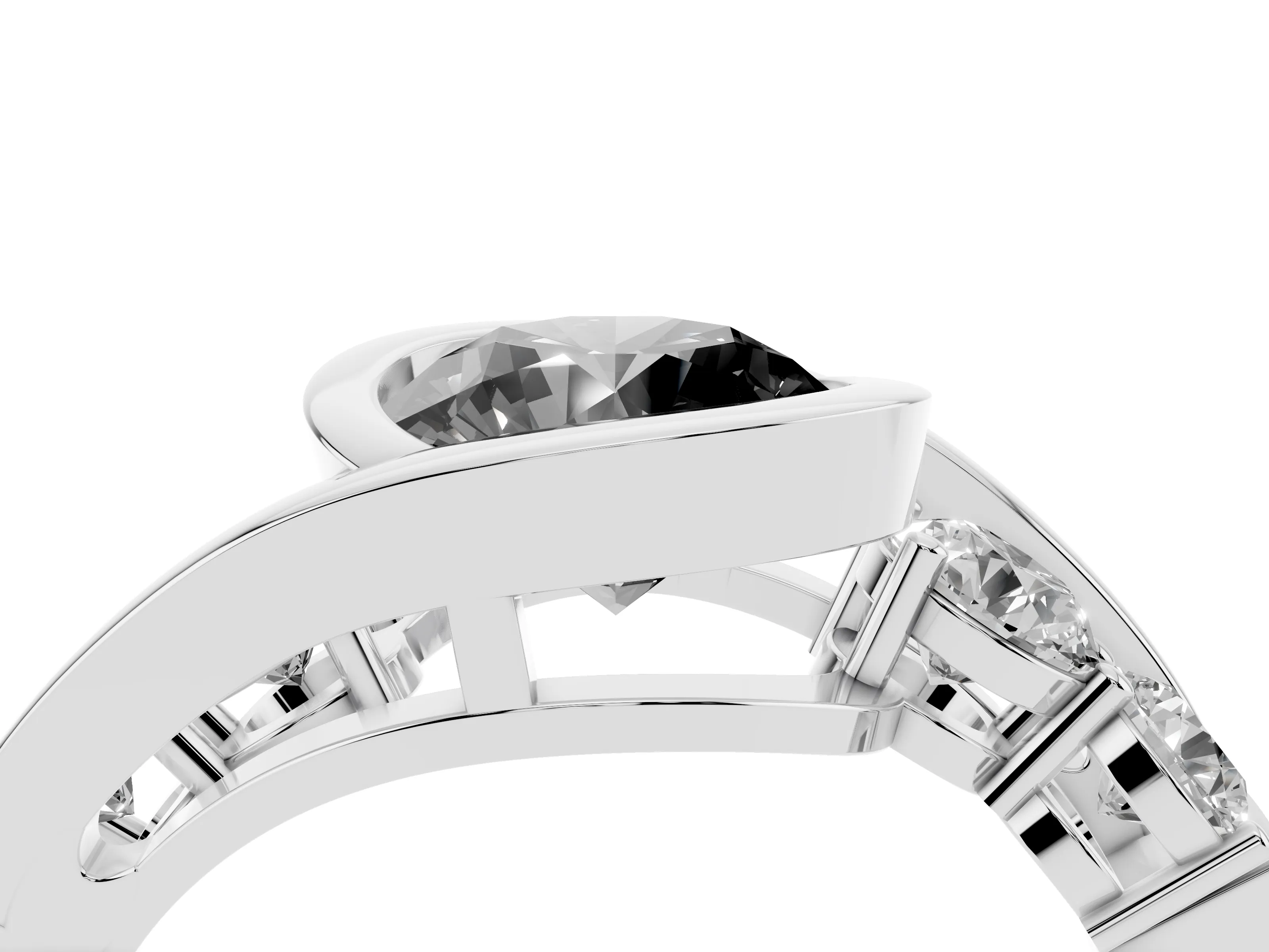 Fancy Black Round Cut Diamond Bezel Bypass Ring Set in Platinum with Round Accents