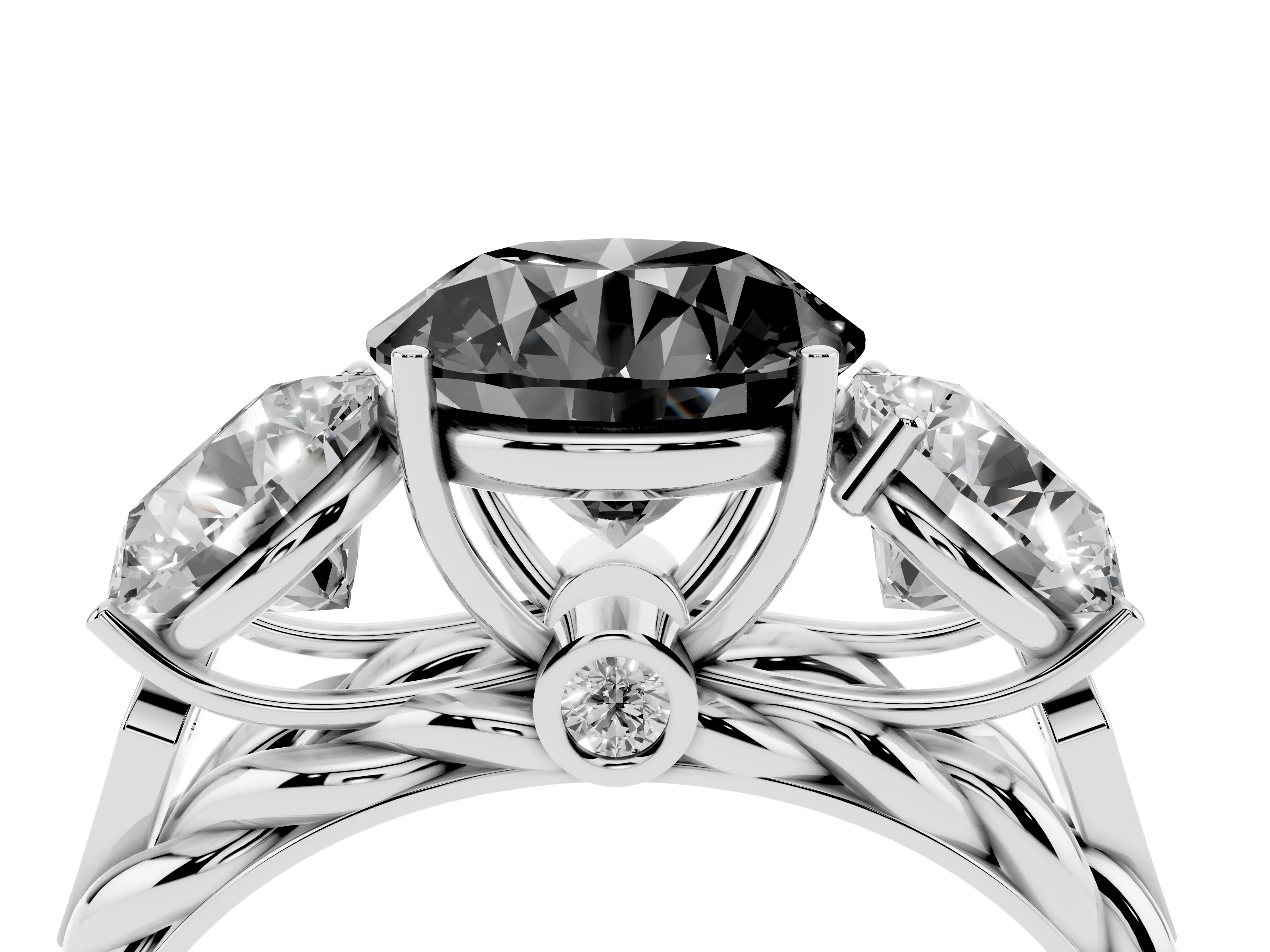 Fancy Black Round Cut Diamond Three-Stone Ring Set in Silver with Braided Band