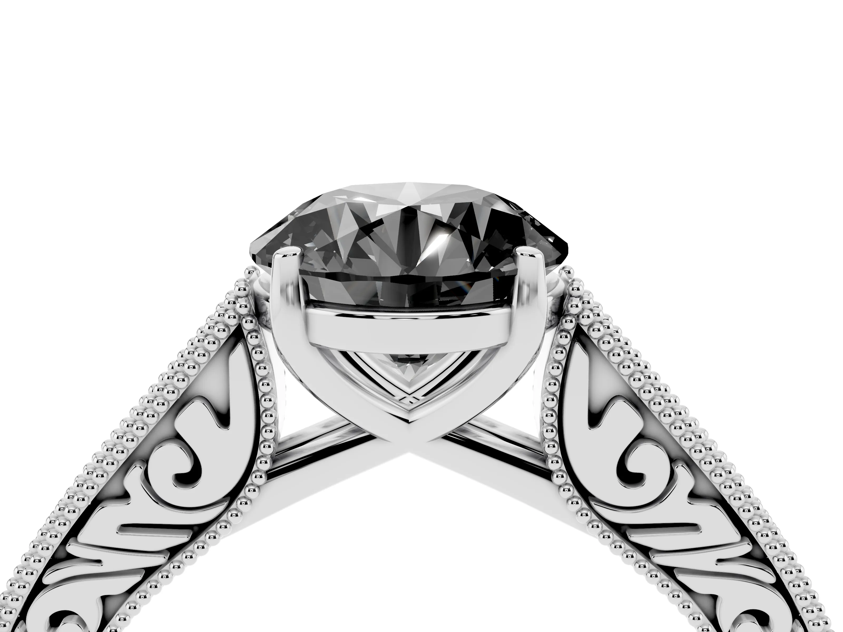 Fancy Black Round Cut Diamond Milgrain Pavé Band Solitaire Ring Set in Platinum with Prong Setting