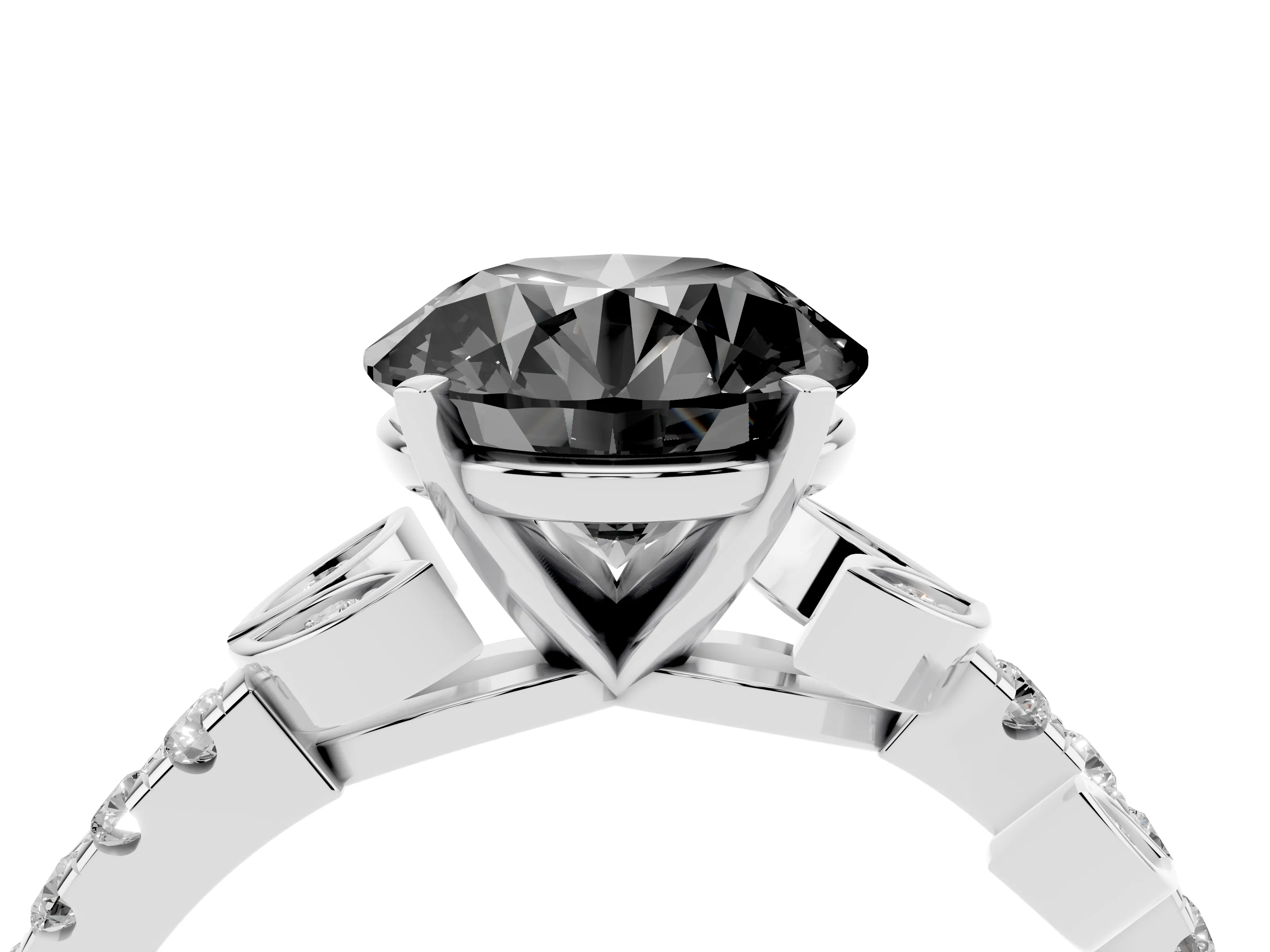 Fancy Black Round Cut Diamond Solitaire Leaf-Inspired Ring Set in White gold with Pavé Band and Prong Setting