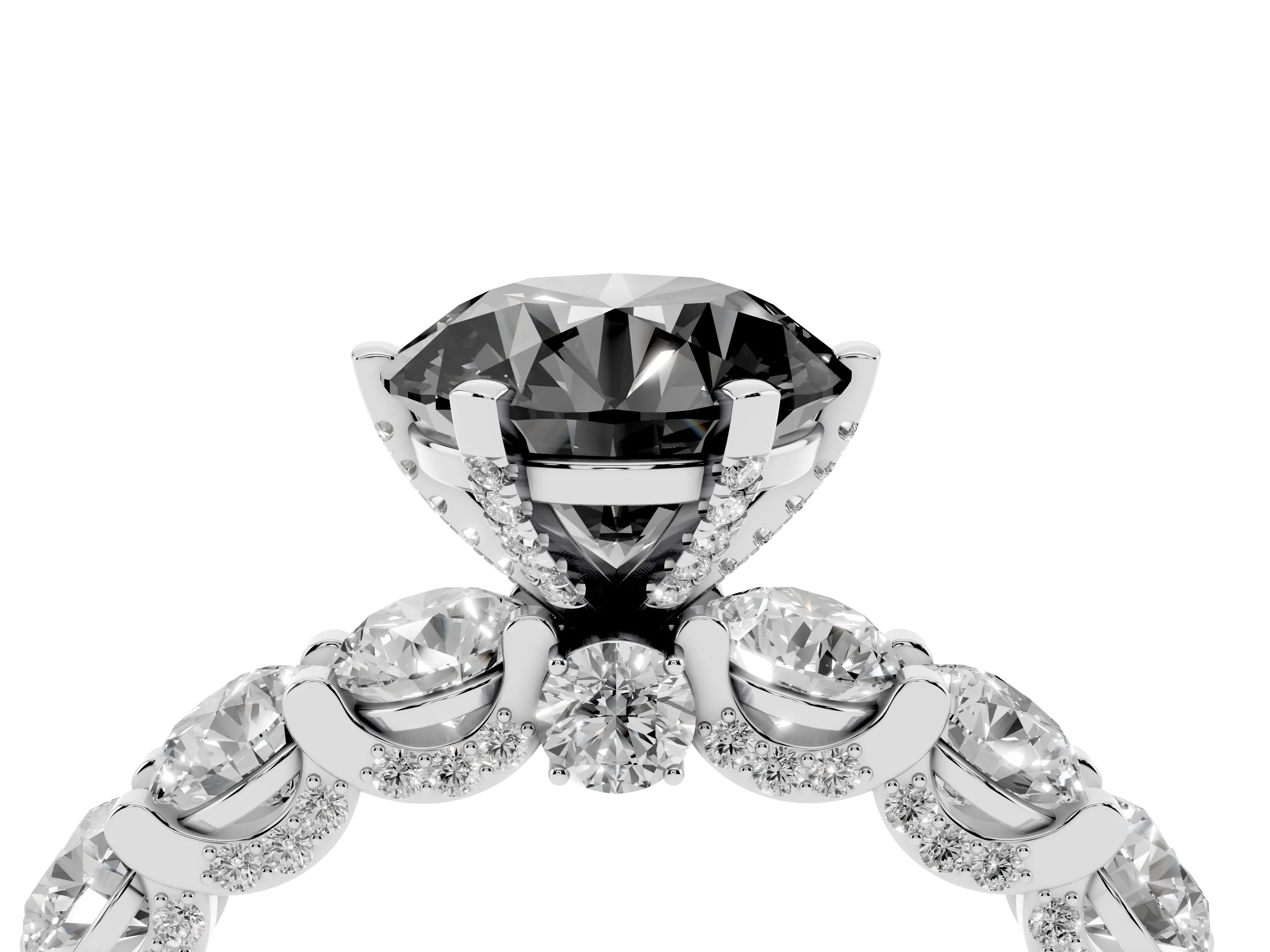 Fancy Black Round Cut Diamond Side Stone Ring Set in White gold with Alternating Round and Oval Side Stones