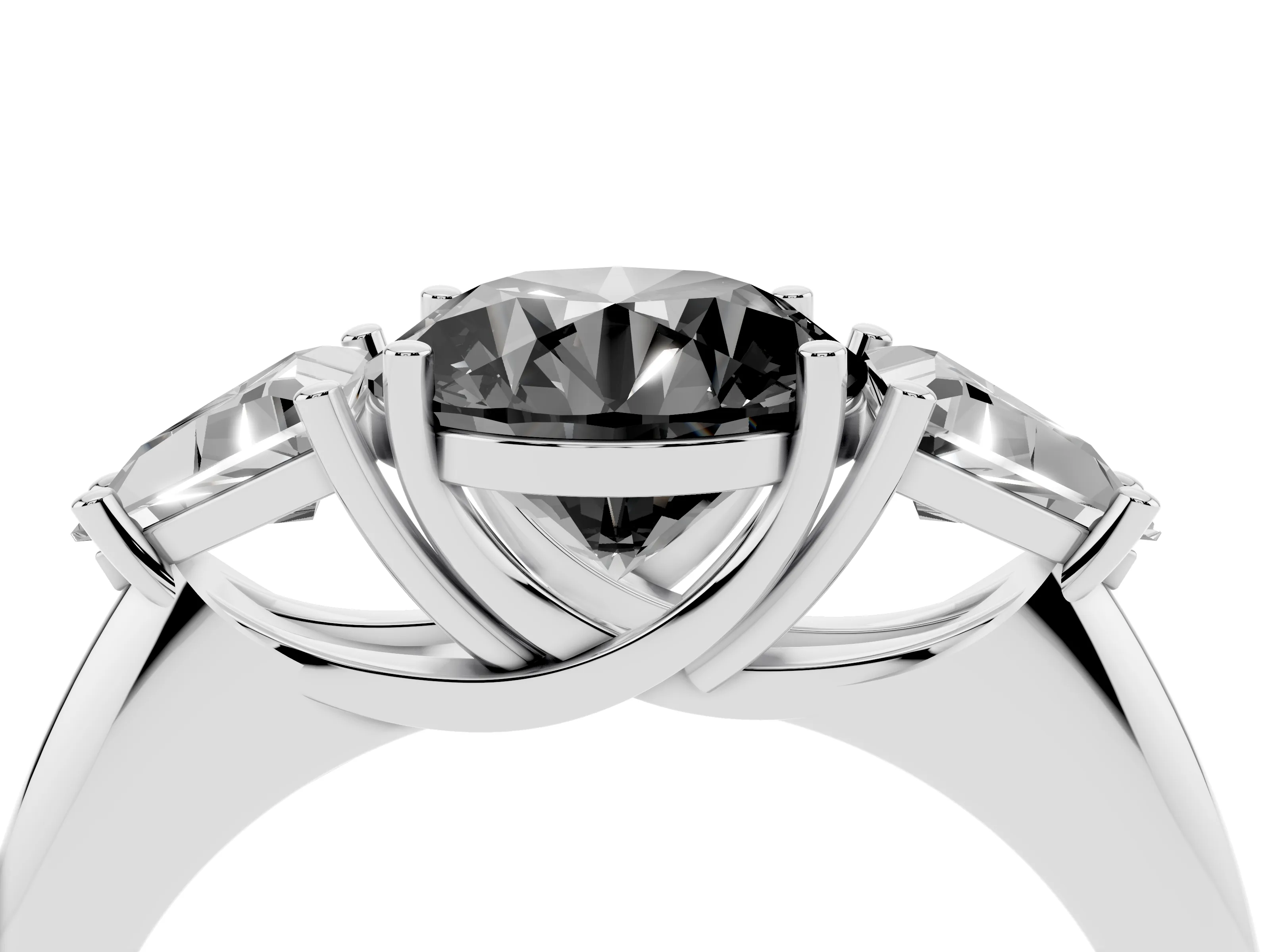 Fancy Black Round Cut Diamond Three-Stone Engagement Ring Set in Silver with Trillion Side Stones