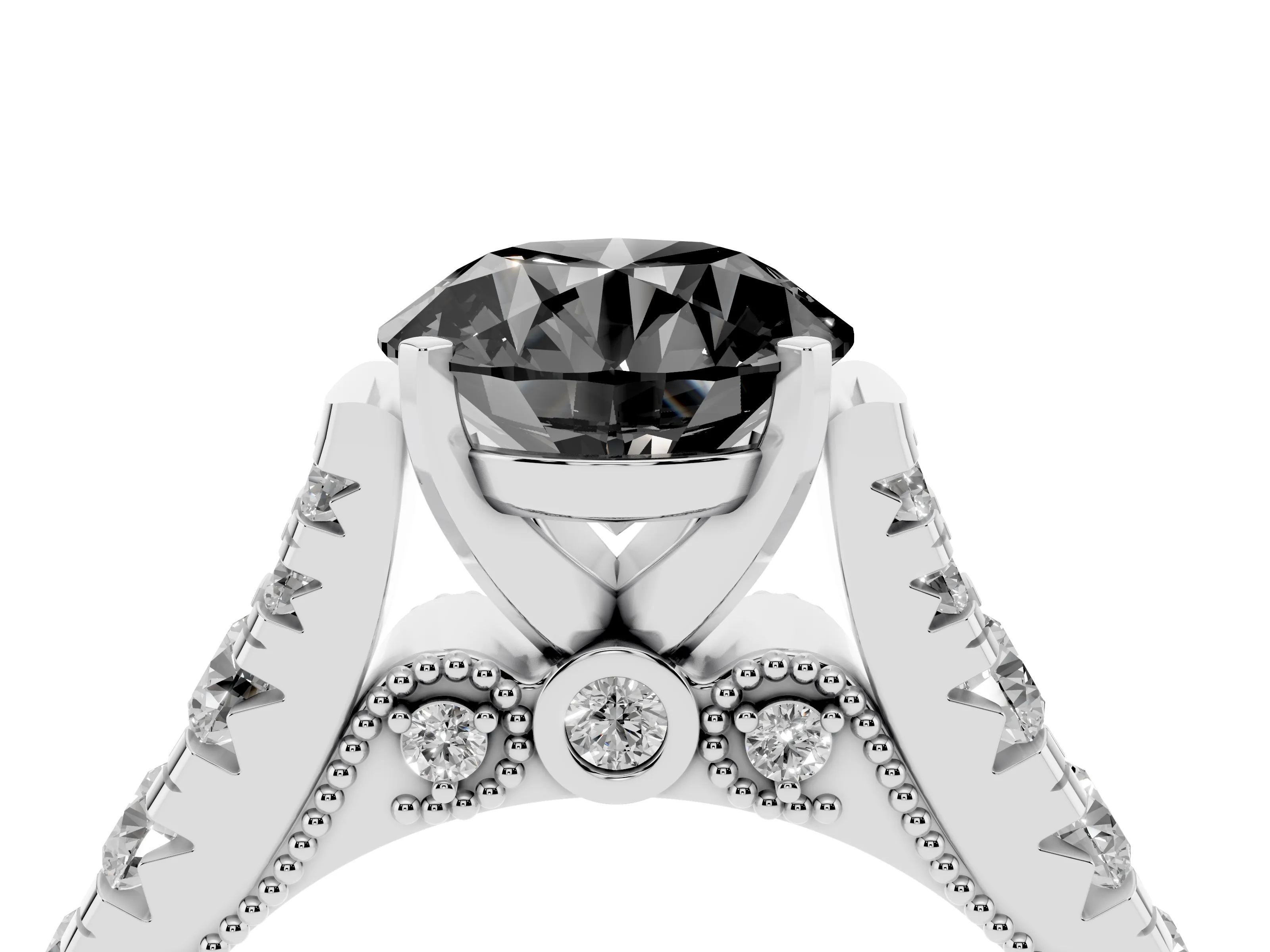 Fancy Black Round Cut Diamond Classic Solitaire Ring Set in Platinum with Pavé Band and Prong Setting