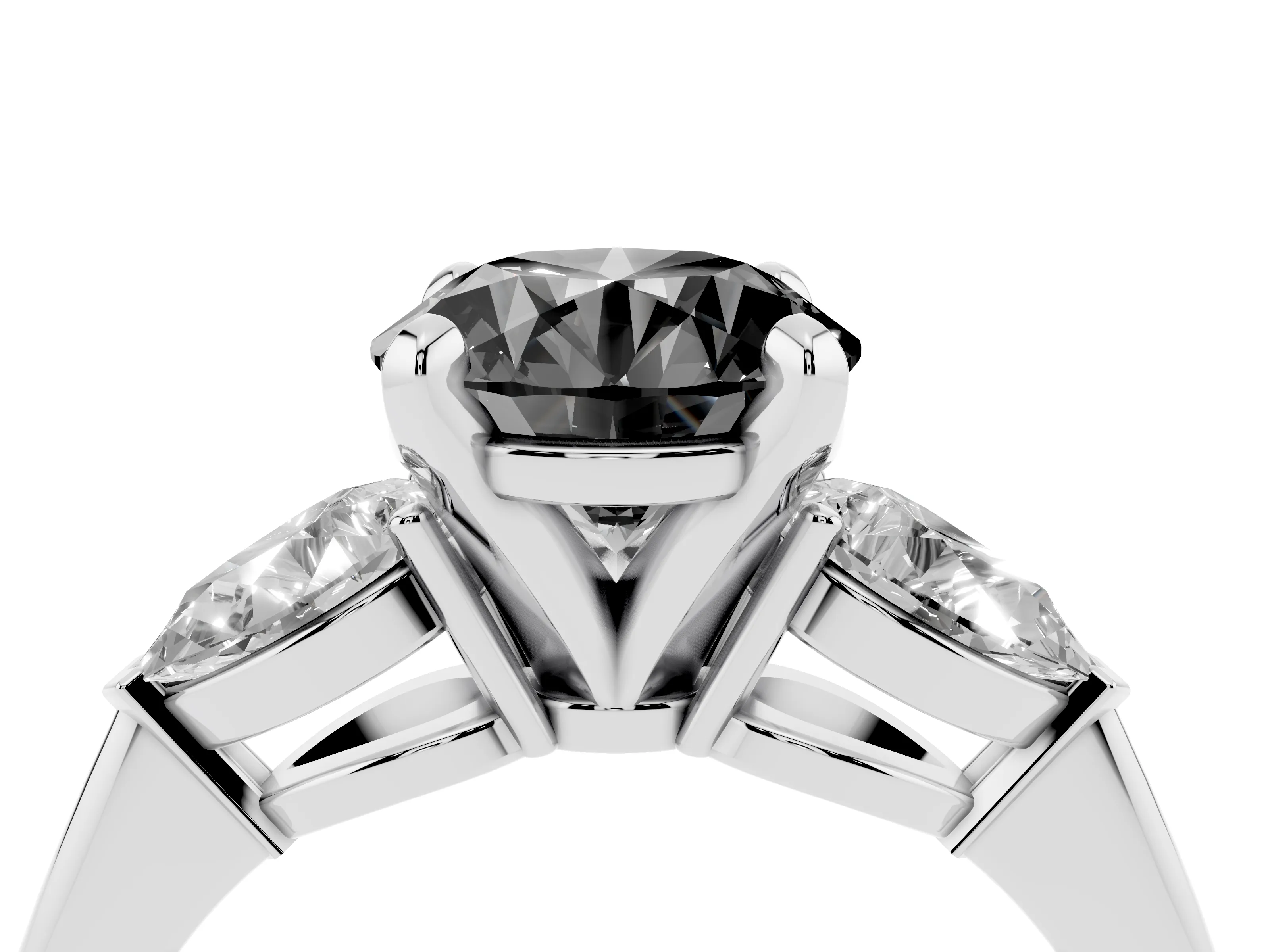 Fancy Black Three-Stone Round Cut Diamond Ring Set in Silver with Pear Side Stones and Prong Setting