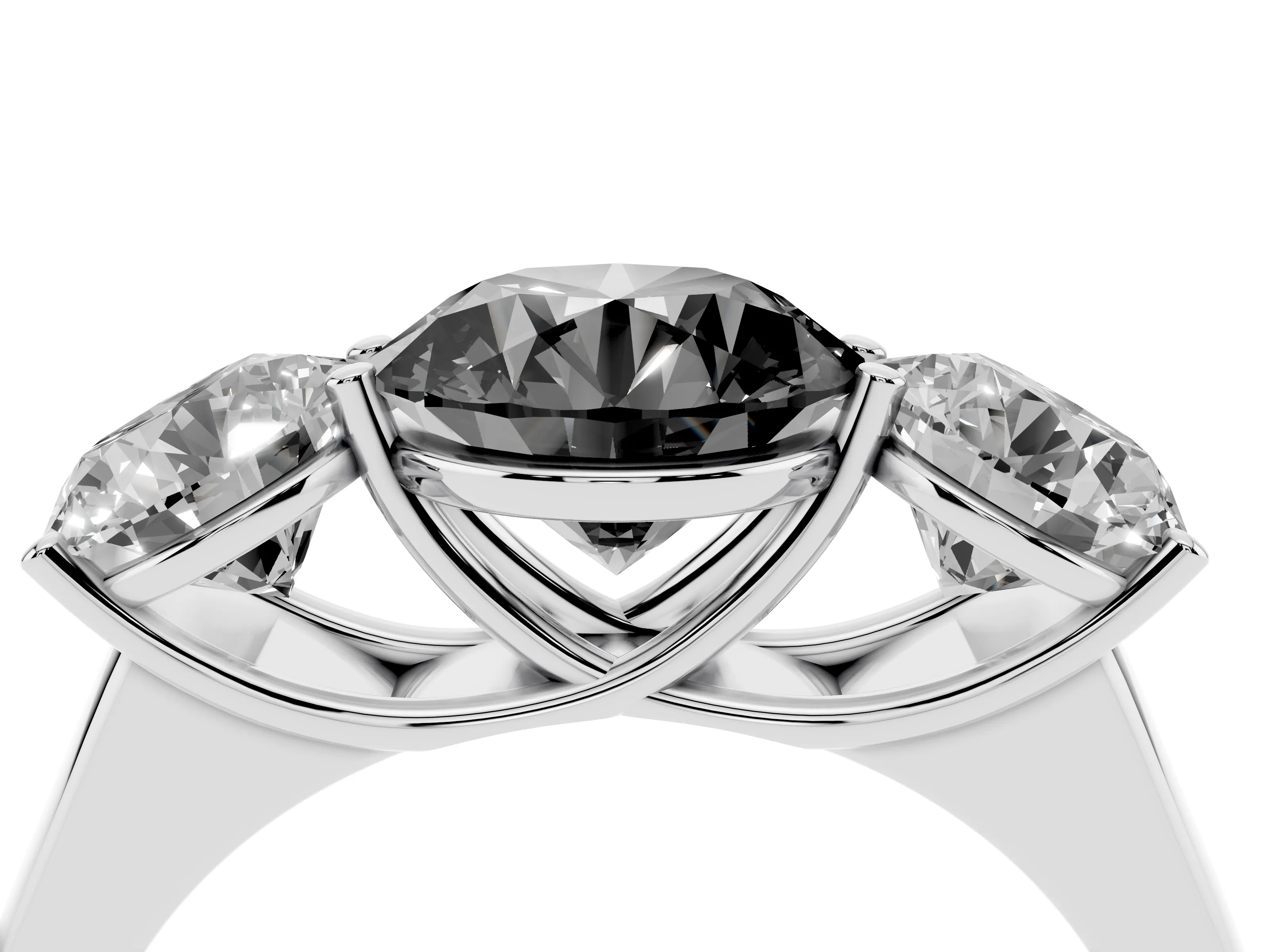Fancy Black Round Cut Diamond Three-Stone Ring Set in Silver with Plain Polished Band