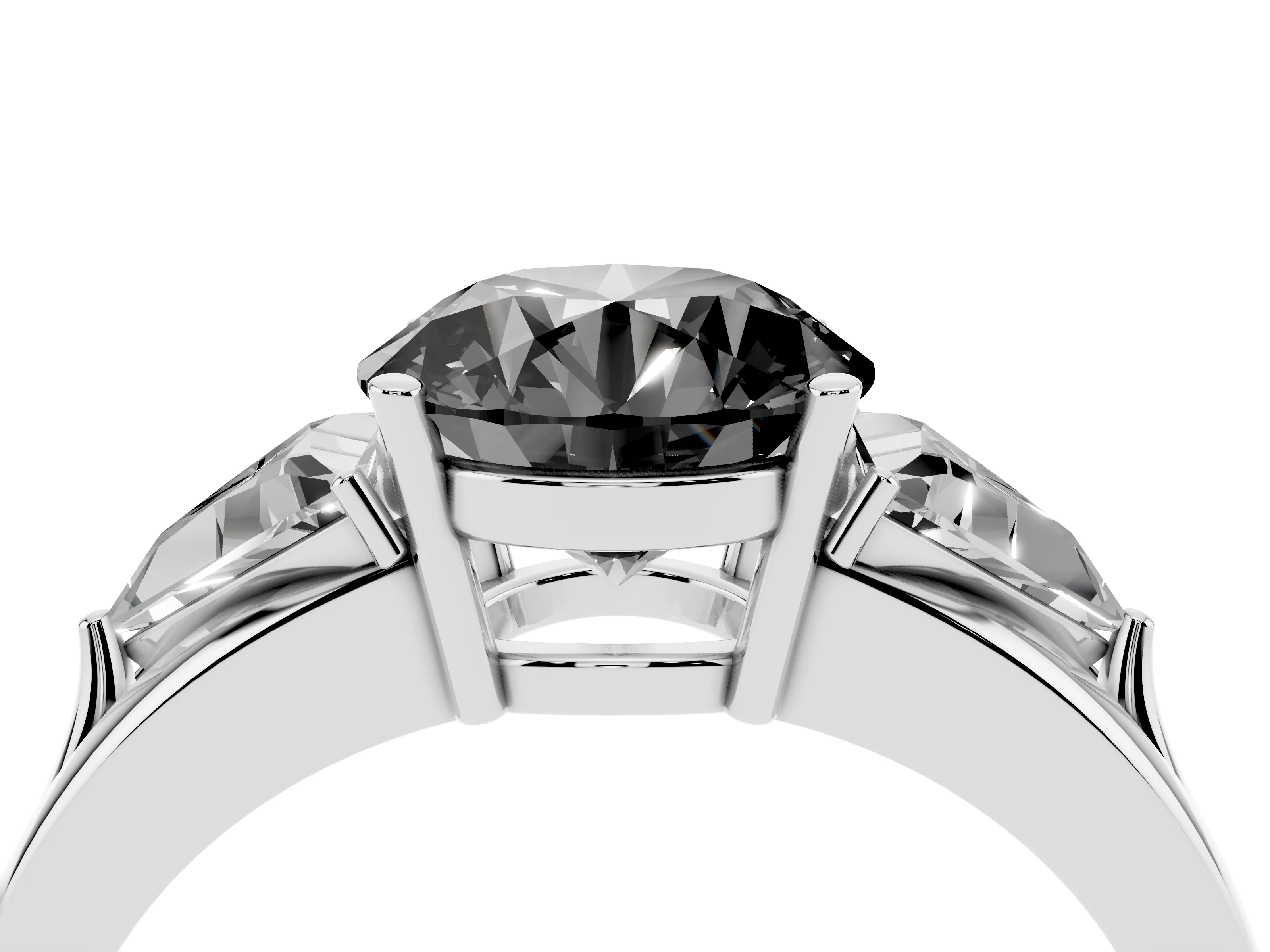 Fancy Black Round Cut Diamond Three-Stone Ring Set in Silver with Trillion Side Stones and Split Shank
