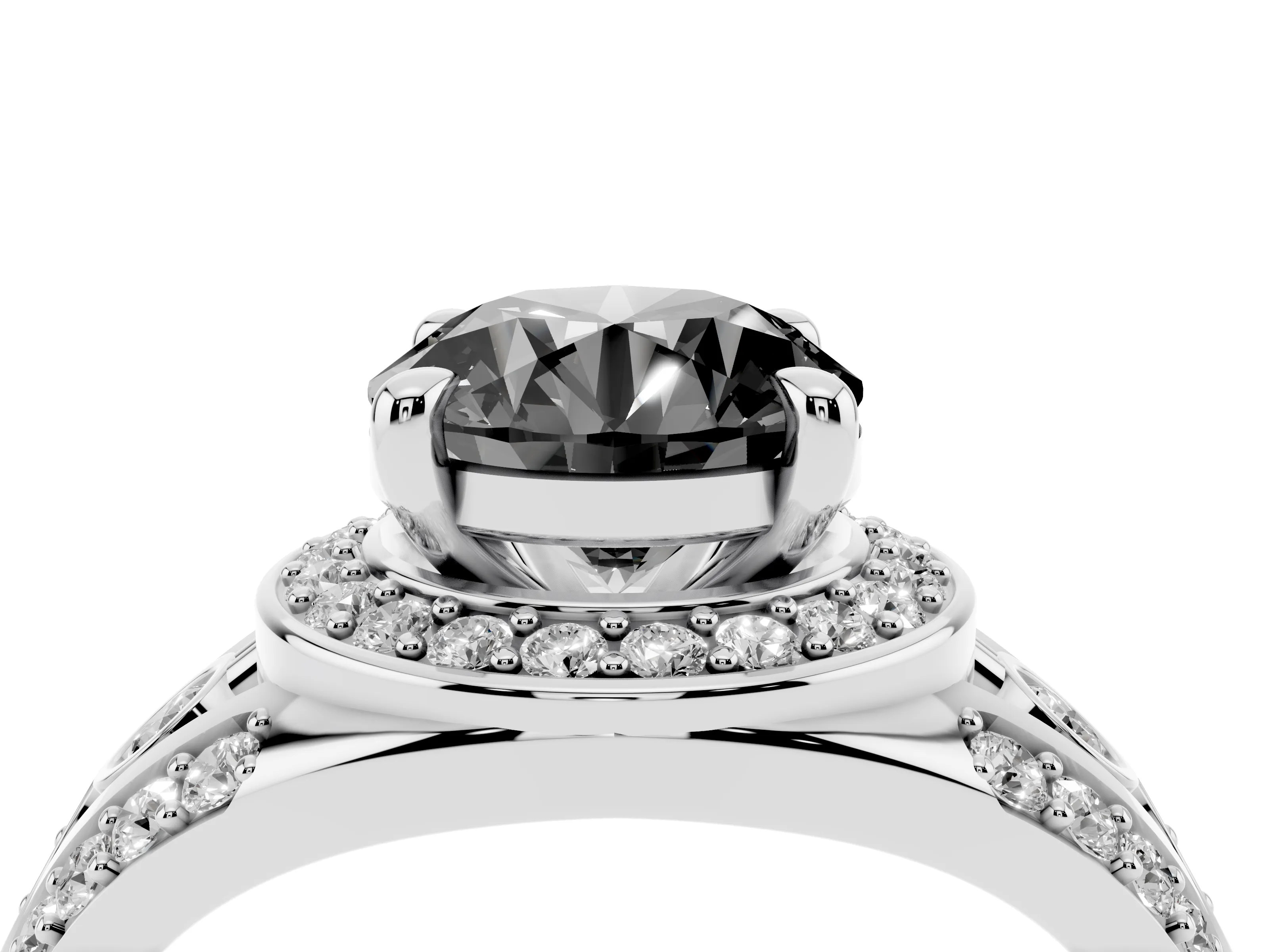 Fancy Black Round Cut Diamond Halo Ring Set in Silver with Pavé Split Shank and Bezel Accents