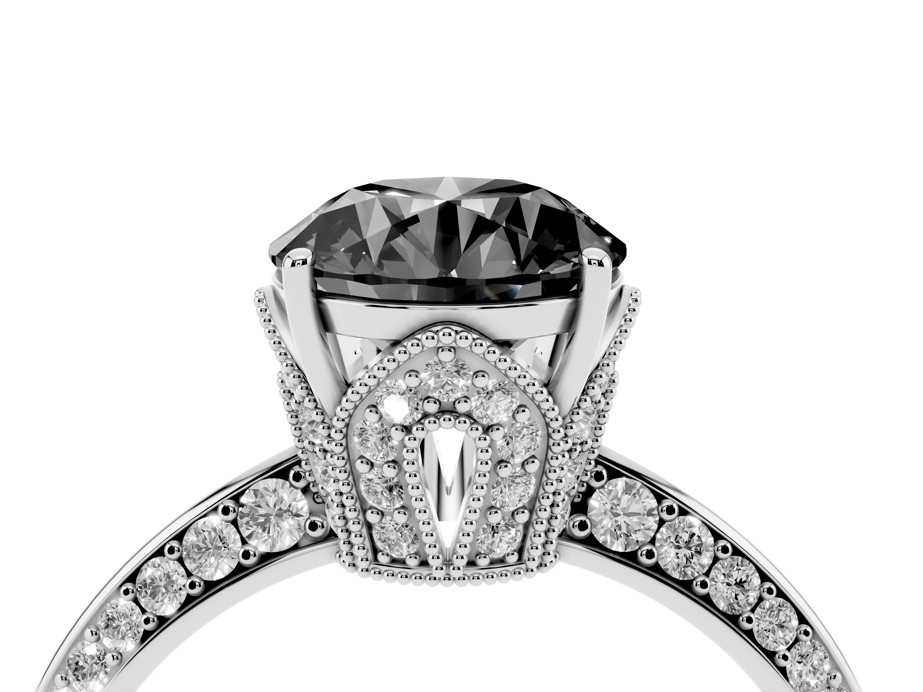 Fancy Black Round Cut Diamond Solitaire Engagement Ring Set in Silver with Pavé Split Shank and Prong Setting