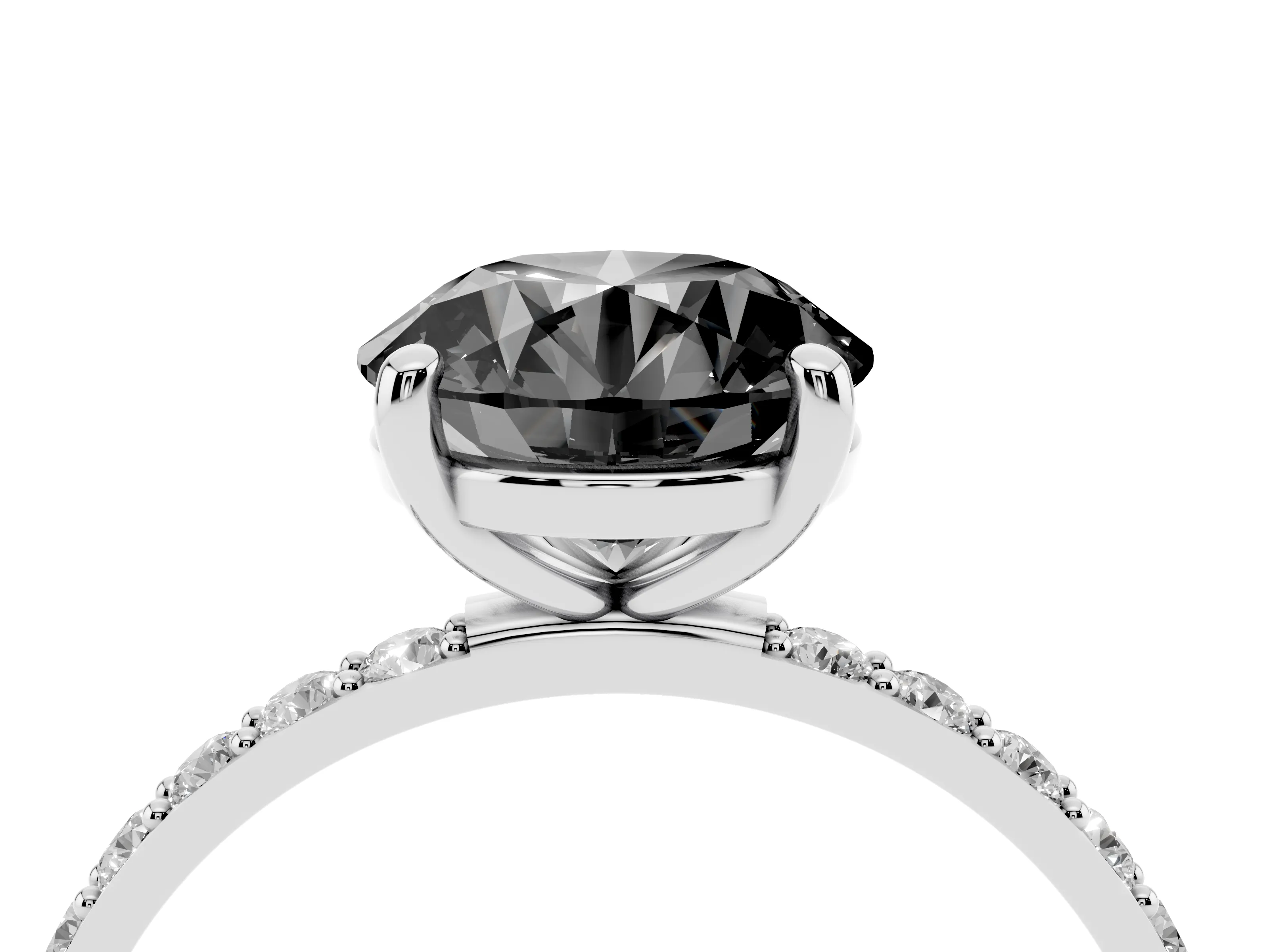 Fancy Black Round Cut Diamond Solitaire Ring Set in Platinum with Round Pavé Band and Prong Setting
