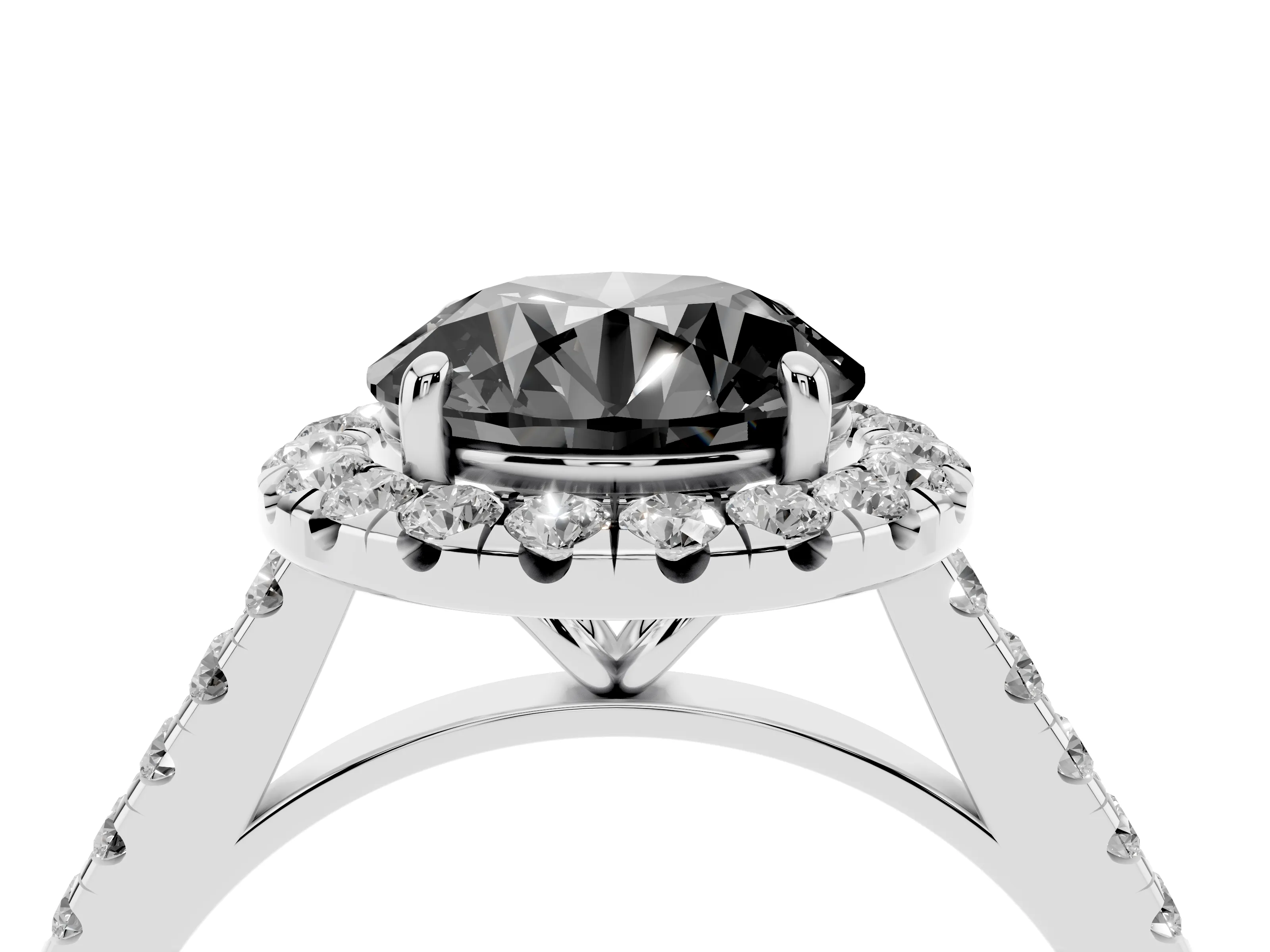 Fancy Black Round Cut Diamond Halo Pavé Engagement Ring Set in White gold with Prong Setting