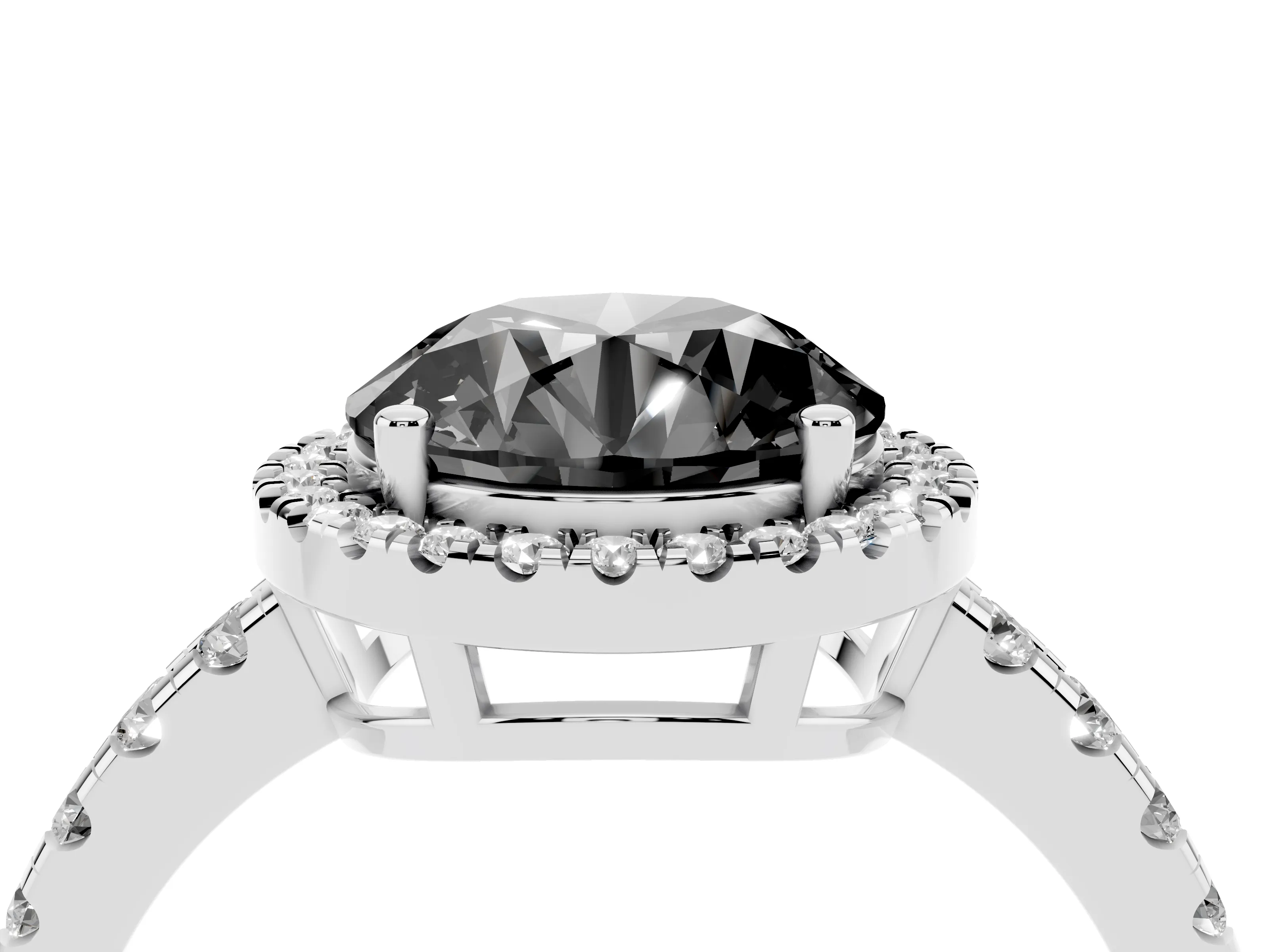 Fancy Black Round Cut Diamond Halo Ring Set in Platinum with Delicate Pavé Band and Prong Setting