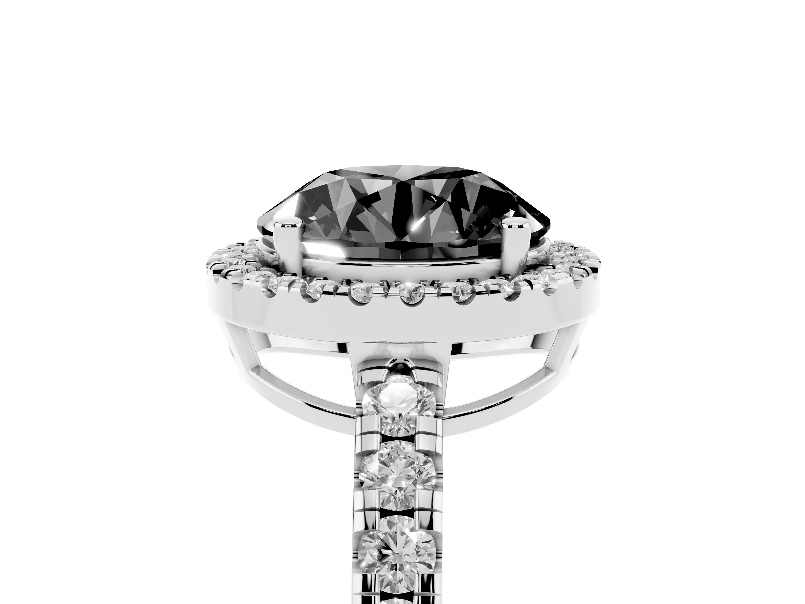 Fancy Black Round Cut Diamond Halo Ring Set in Platinum with Delicate Pavé Band and Prong Setting