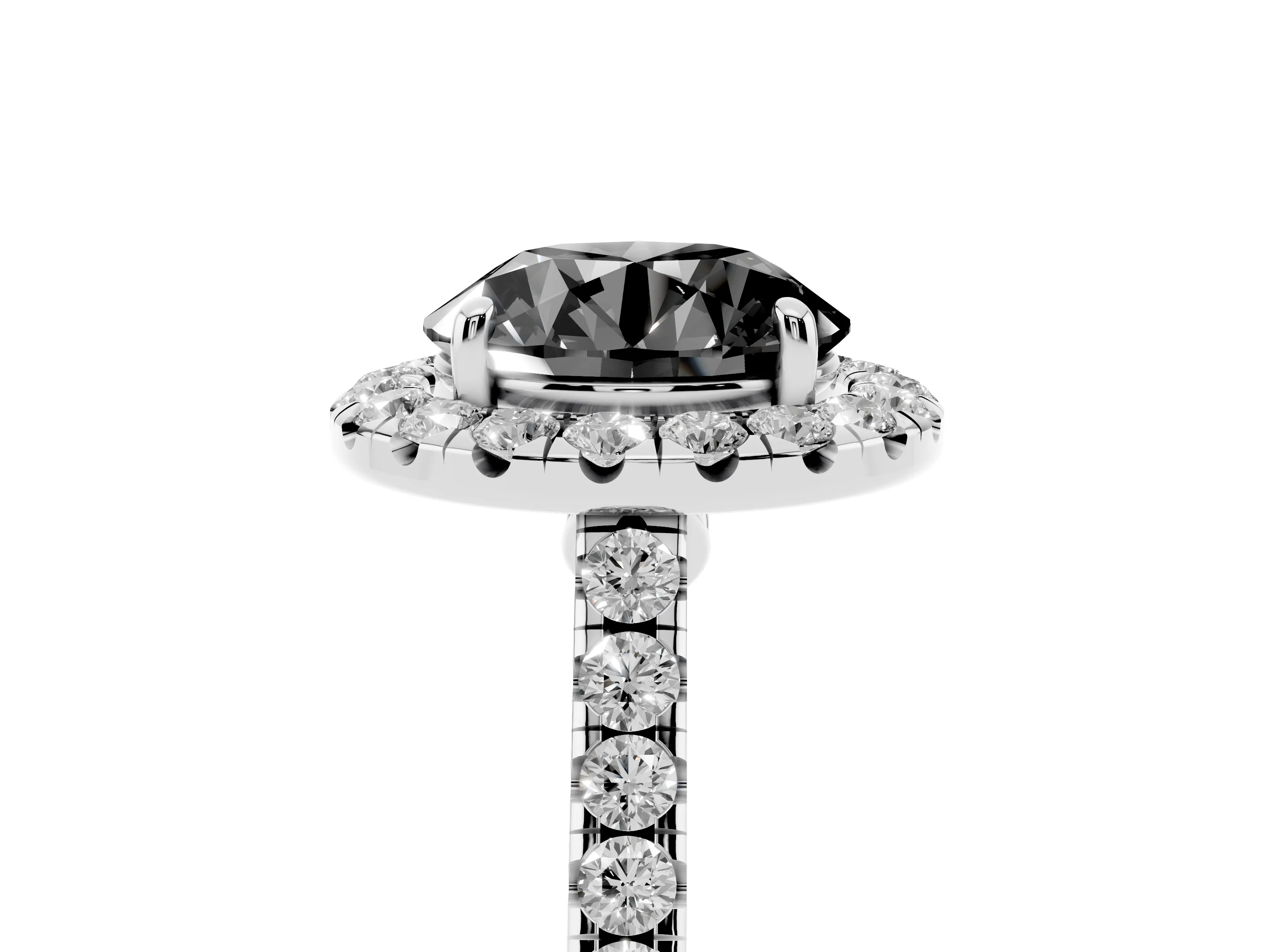 Fancy Black Round Cut Diamond Halo Pavé Engagement Ring Set in White gold with Prong Setting