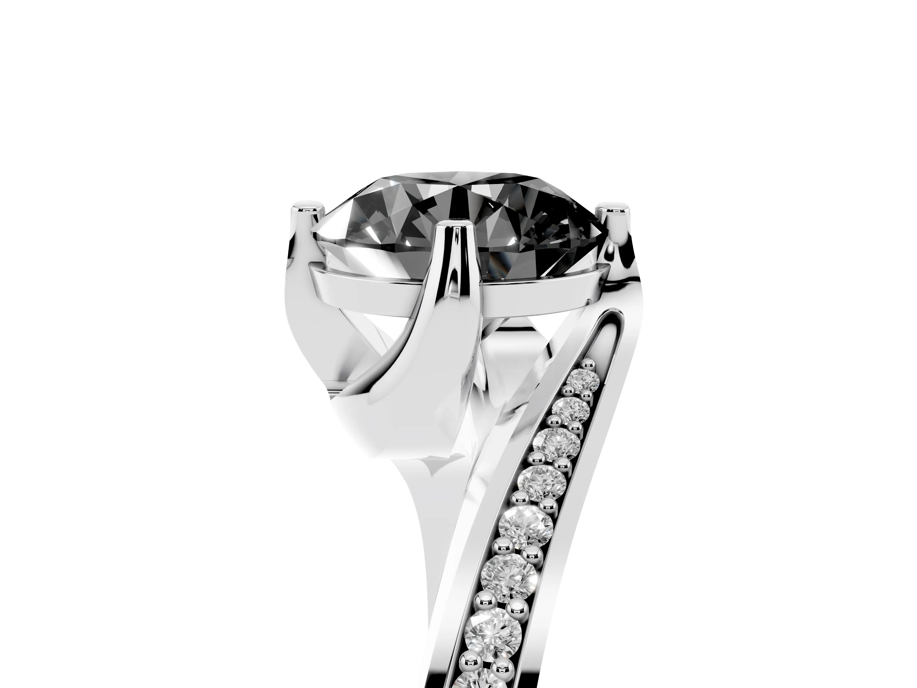 Fancy Black Round Cut Diamond Solitaire Ring Set in White gold with Intertwined Pavé Twist Band