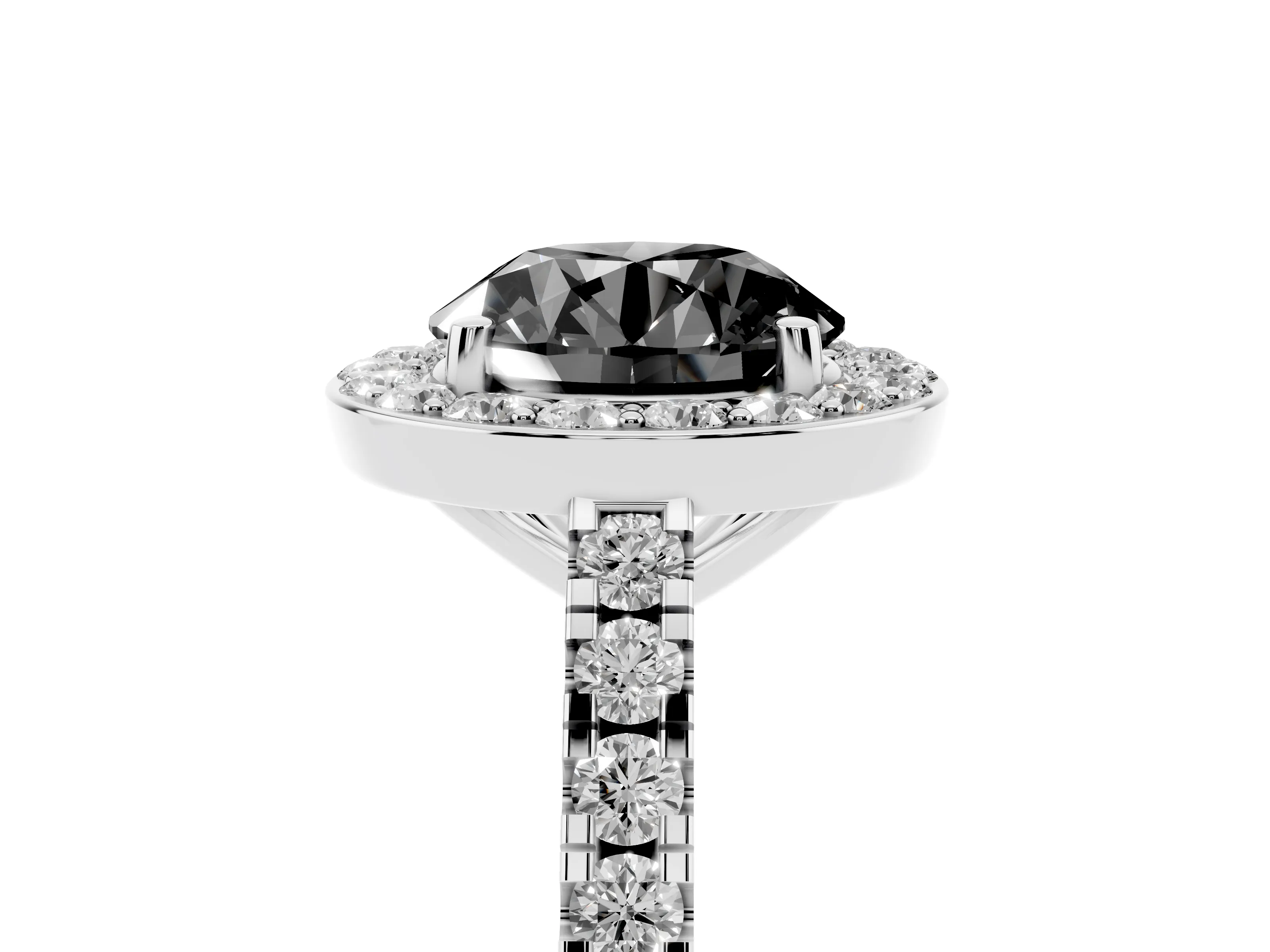 Fancy Black Round Cut Diamond Halo Ring Set in White gold with Round Pavé Split Shank and Prong Setting