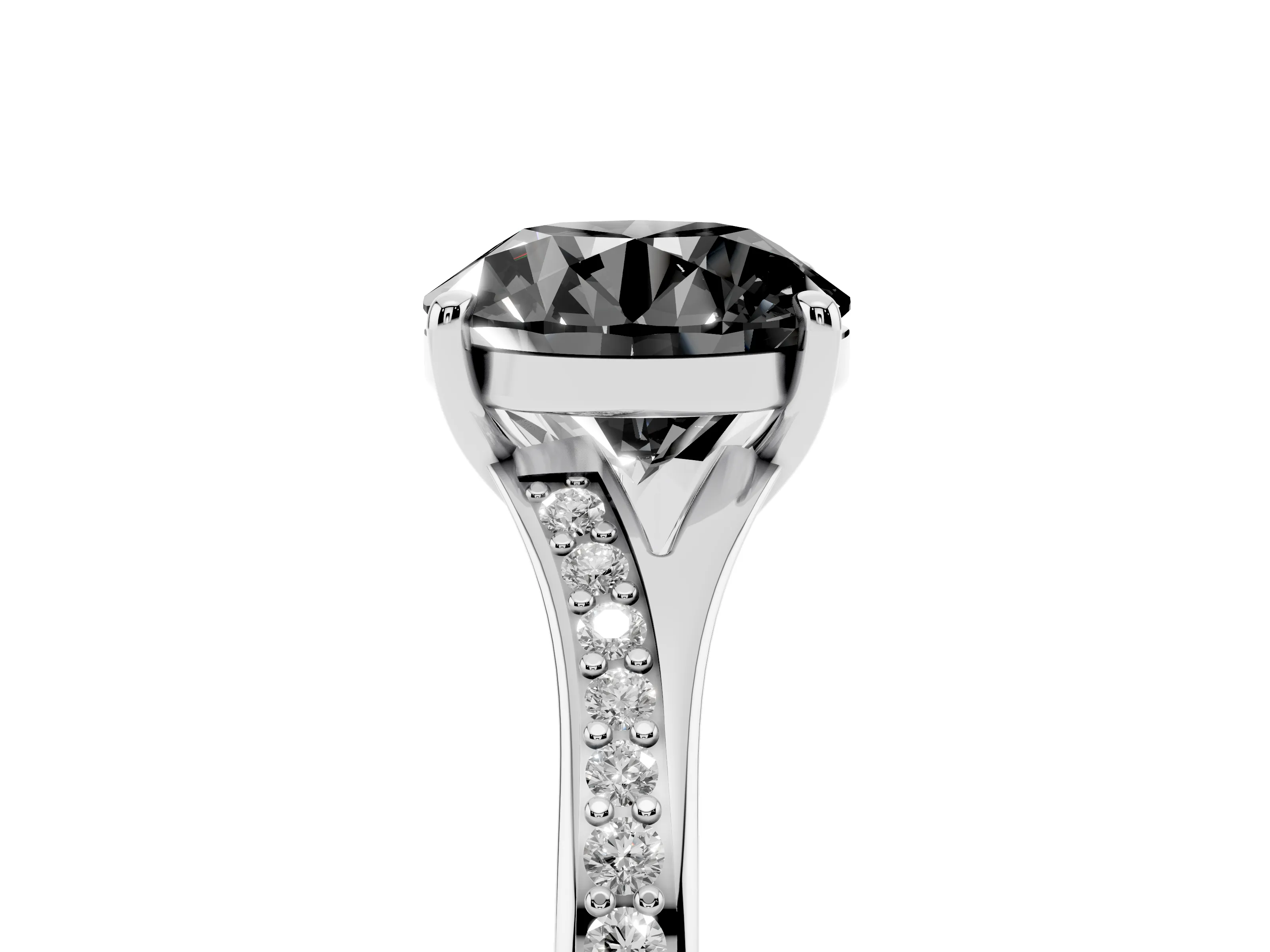 Fancy Black Round Cut Diamond Solitaire Ring Set in Platinum with Pavé Accent Band and Classic Prong Setting