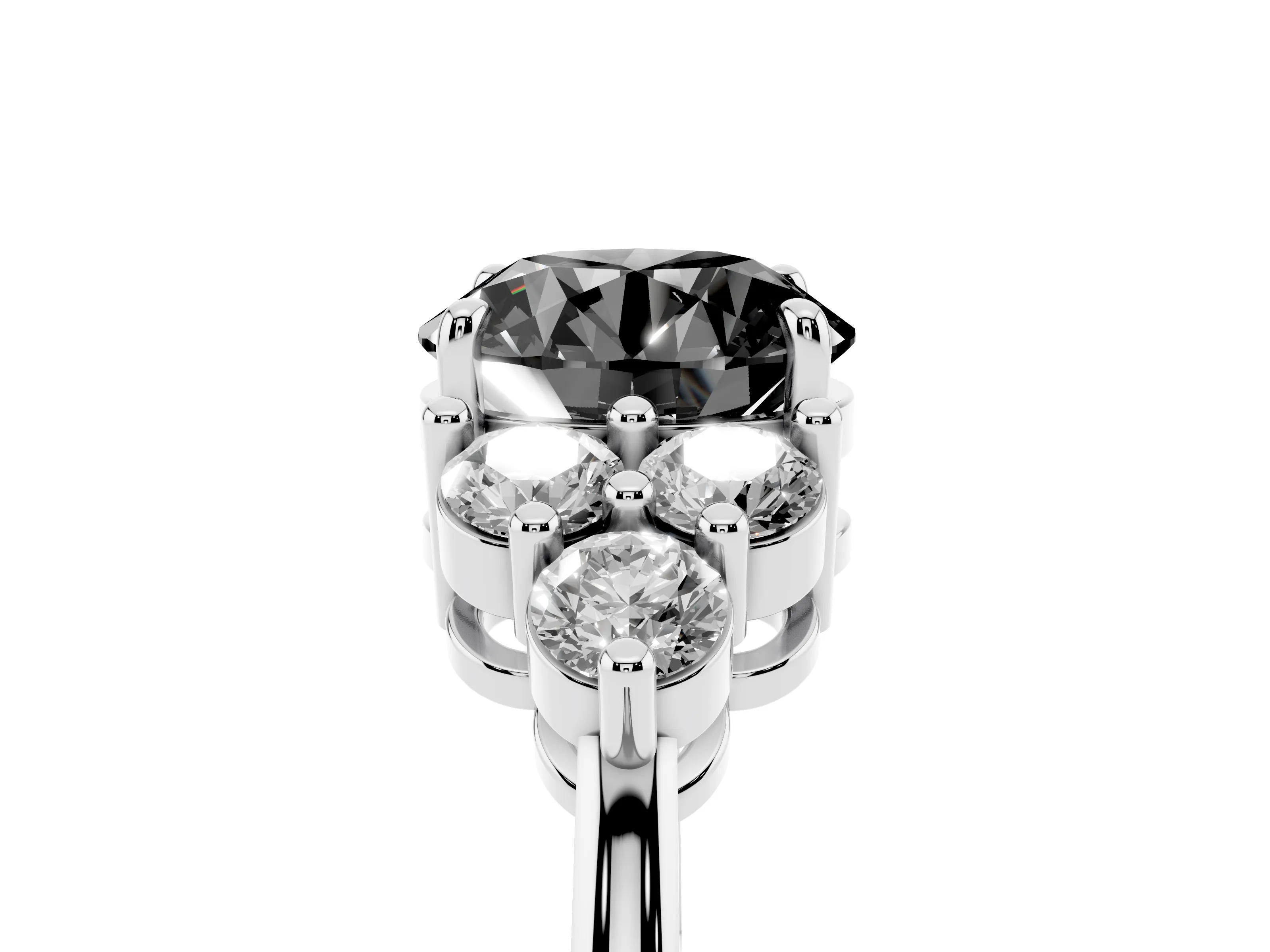 Fancy Black Round Cut Diamond Solitaire Ring Set in Silver with Cluster Accents on Each Side