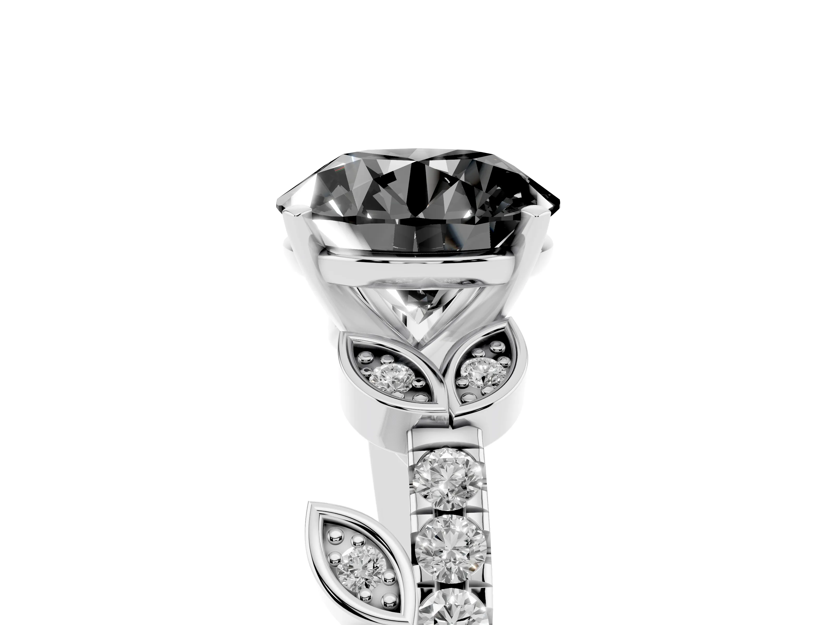 Fancy Black Round Cut Diamond Solitaire Leaf-Inspired Ring Set in White gold with Pavé Band and Prong Setting