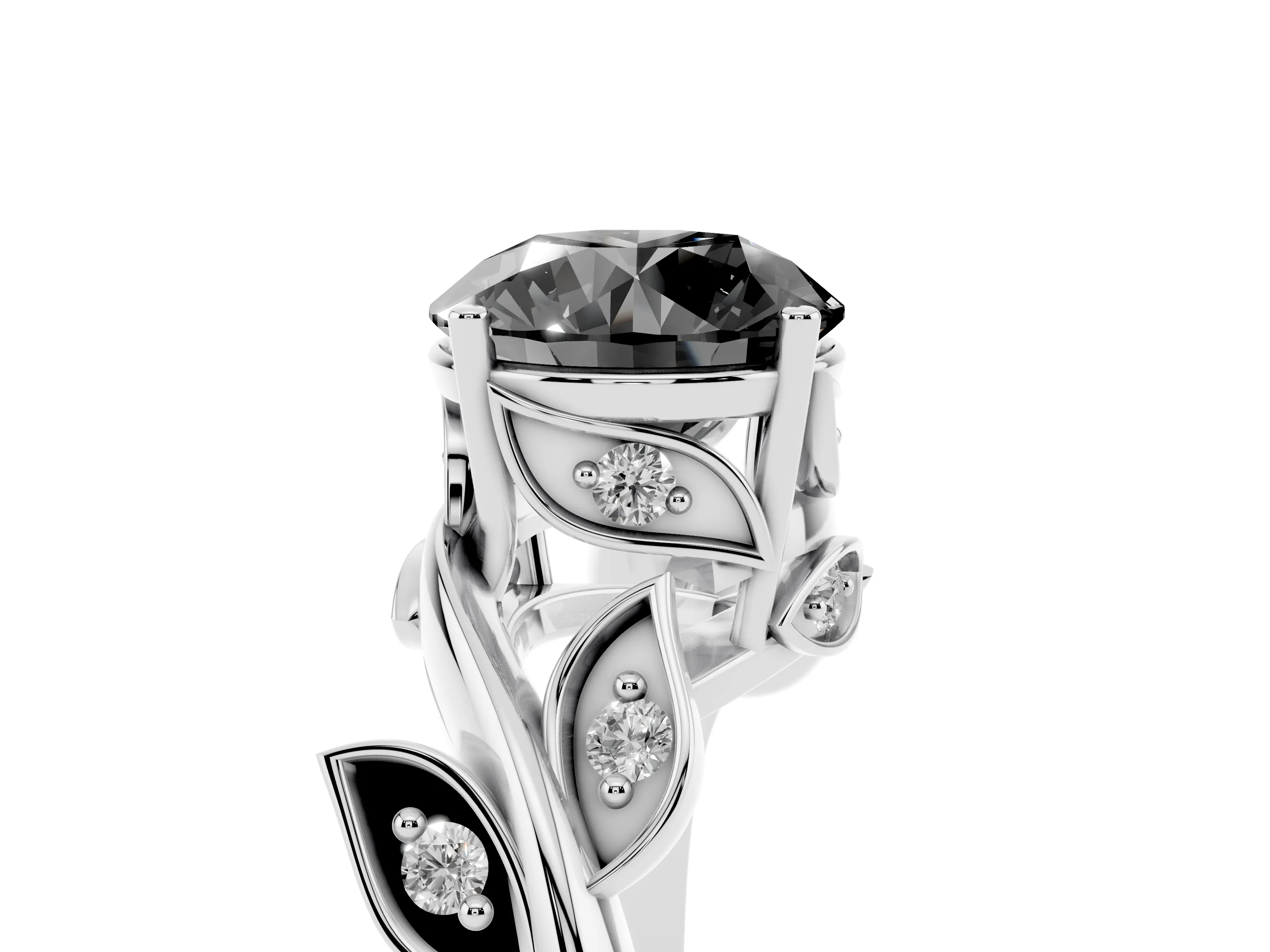 Fancy Black Round Cut Diamond Solitaire Twist Engagement Ring Set in Silver with Pavé Leaf Accents