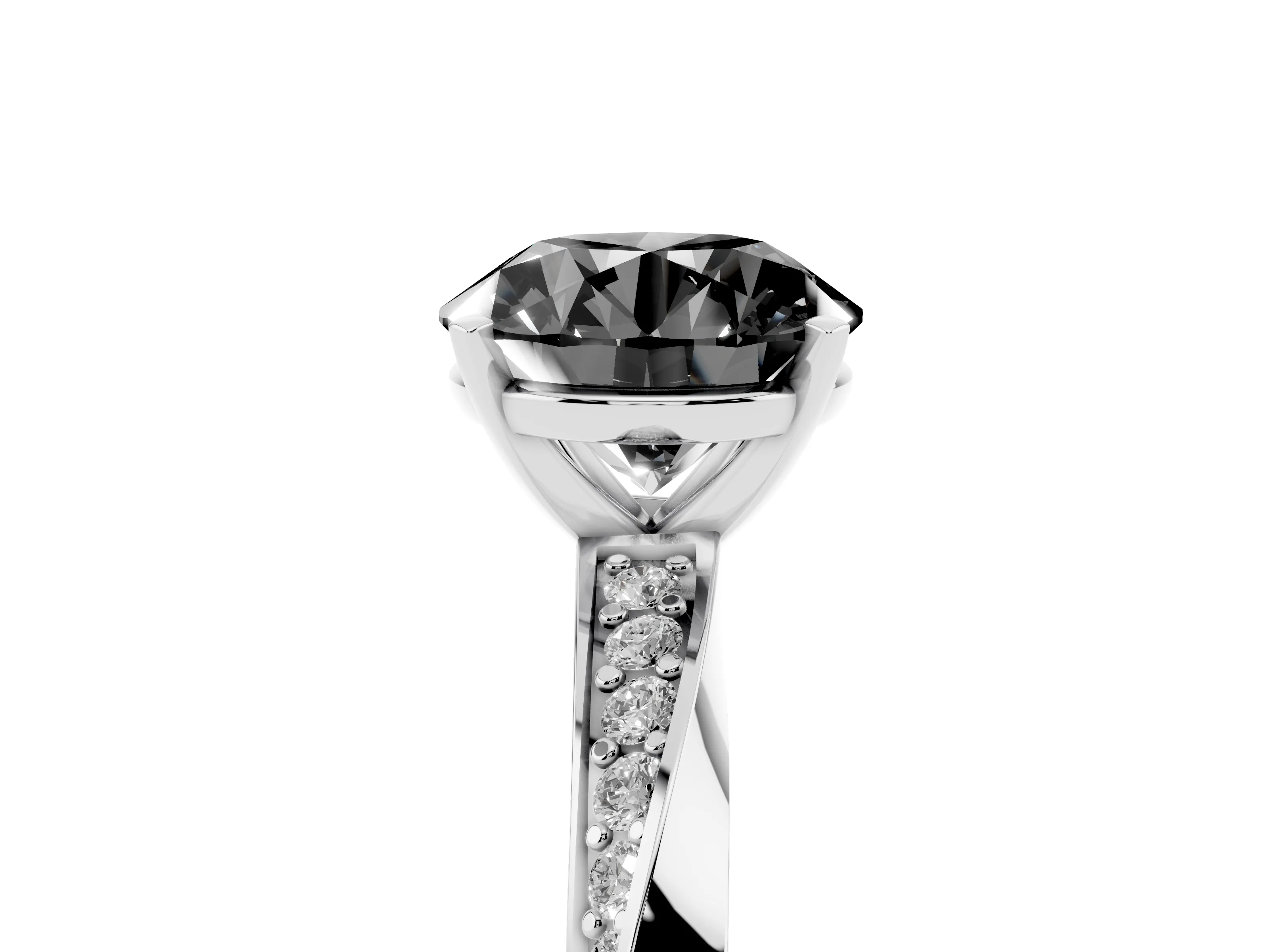 Fancy Black Round Cut Diamond Engagement Ring Set in White gold with Side Stone Accents and Prong Setting