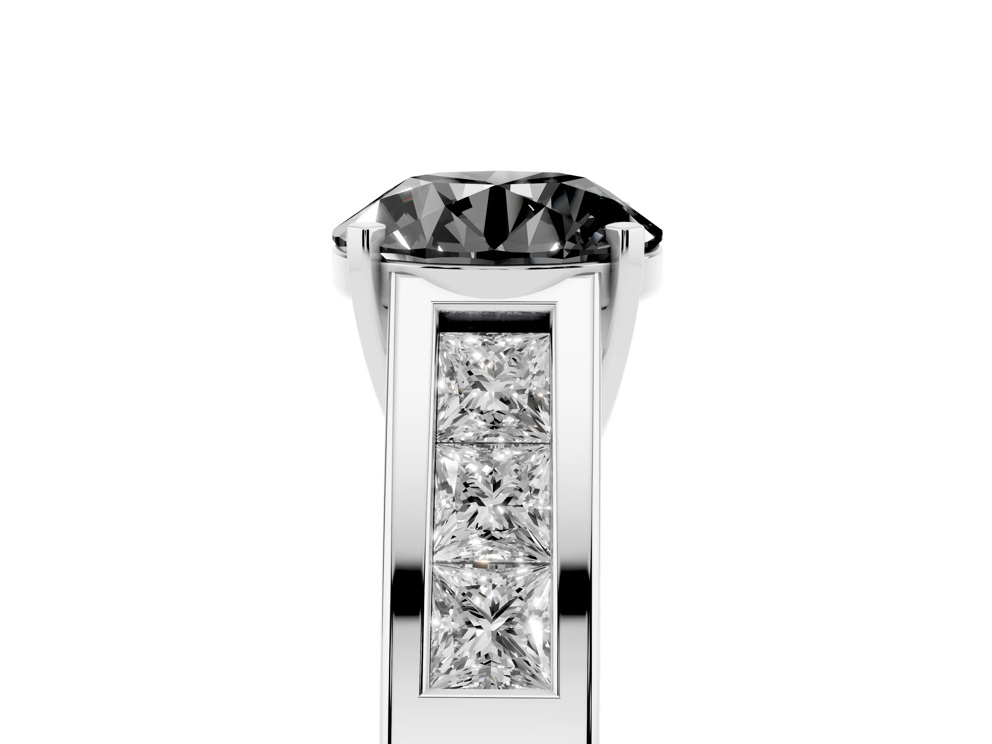 Fancy Black Round Cut Diamond Solitaire Ring Set in Silver with Channel-Set Accent Stones and Prong Setting