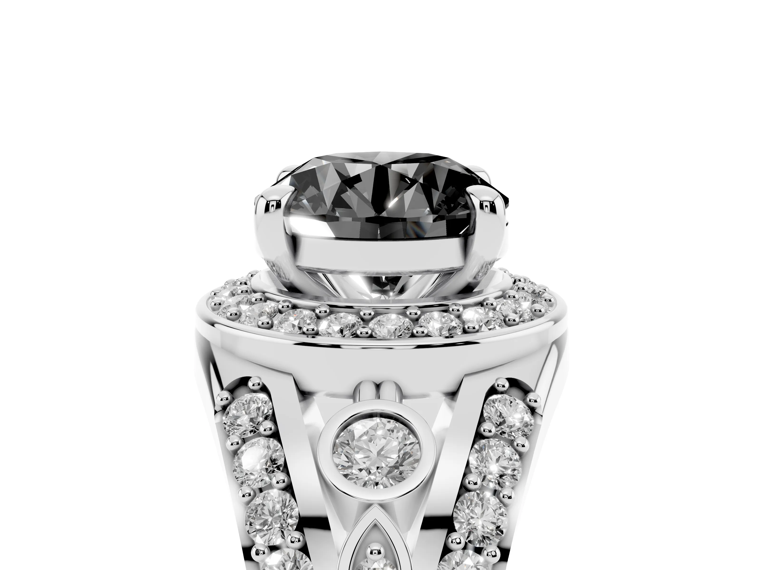 Fancy Black Round Cut Diamond Halo Ring Set in Silver with Pavé Split Shank and Bezel Accents