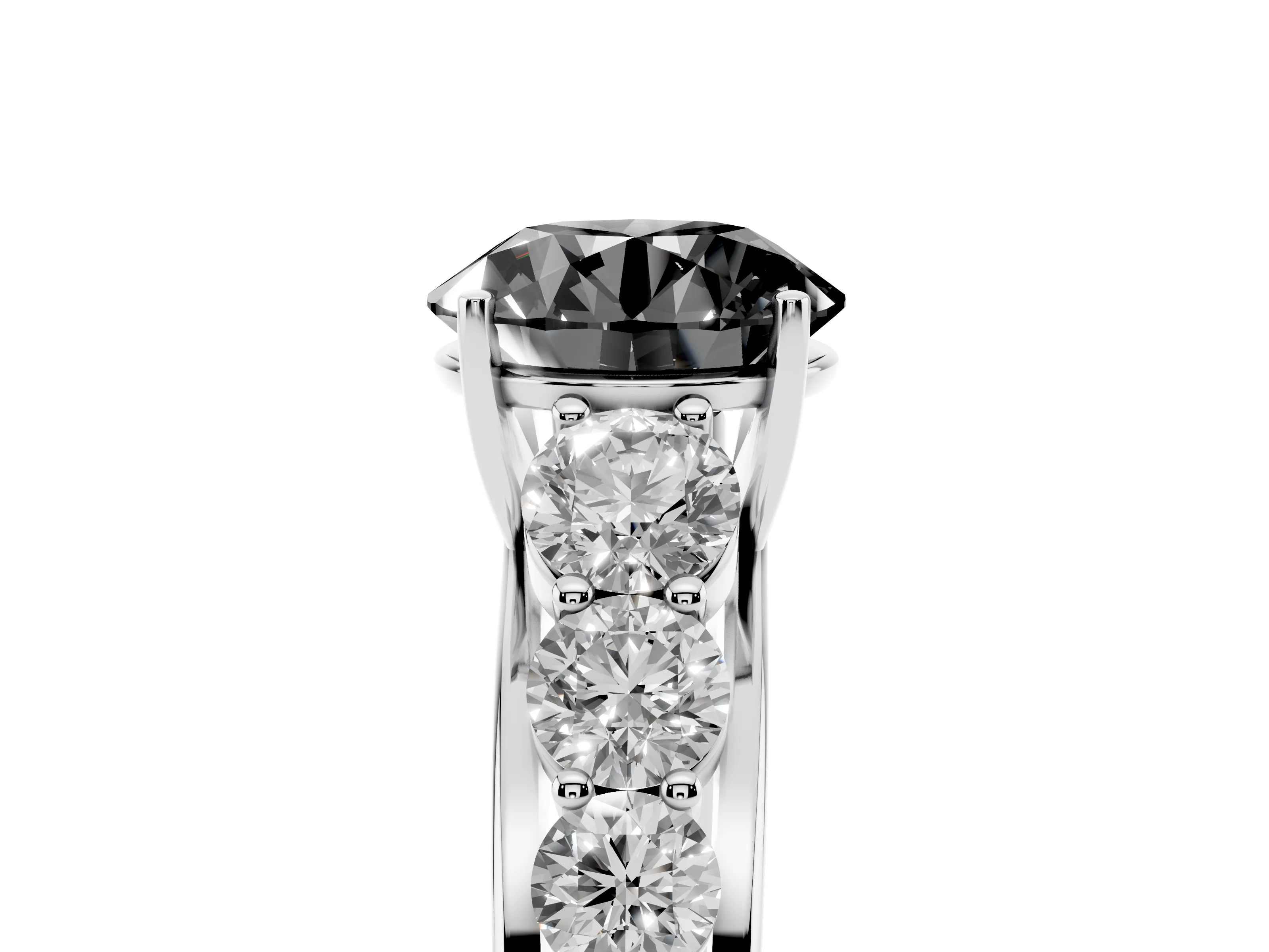 Fancy Black Round Cut Diamond Solitaire Ring Set in Silver with Pavé-Set Band and Prong Setting