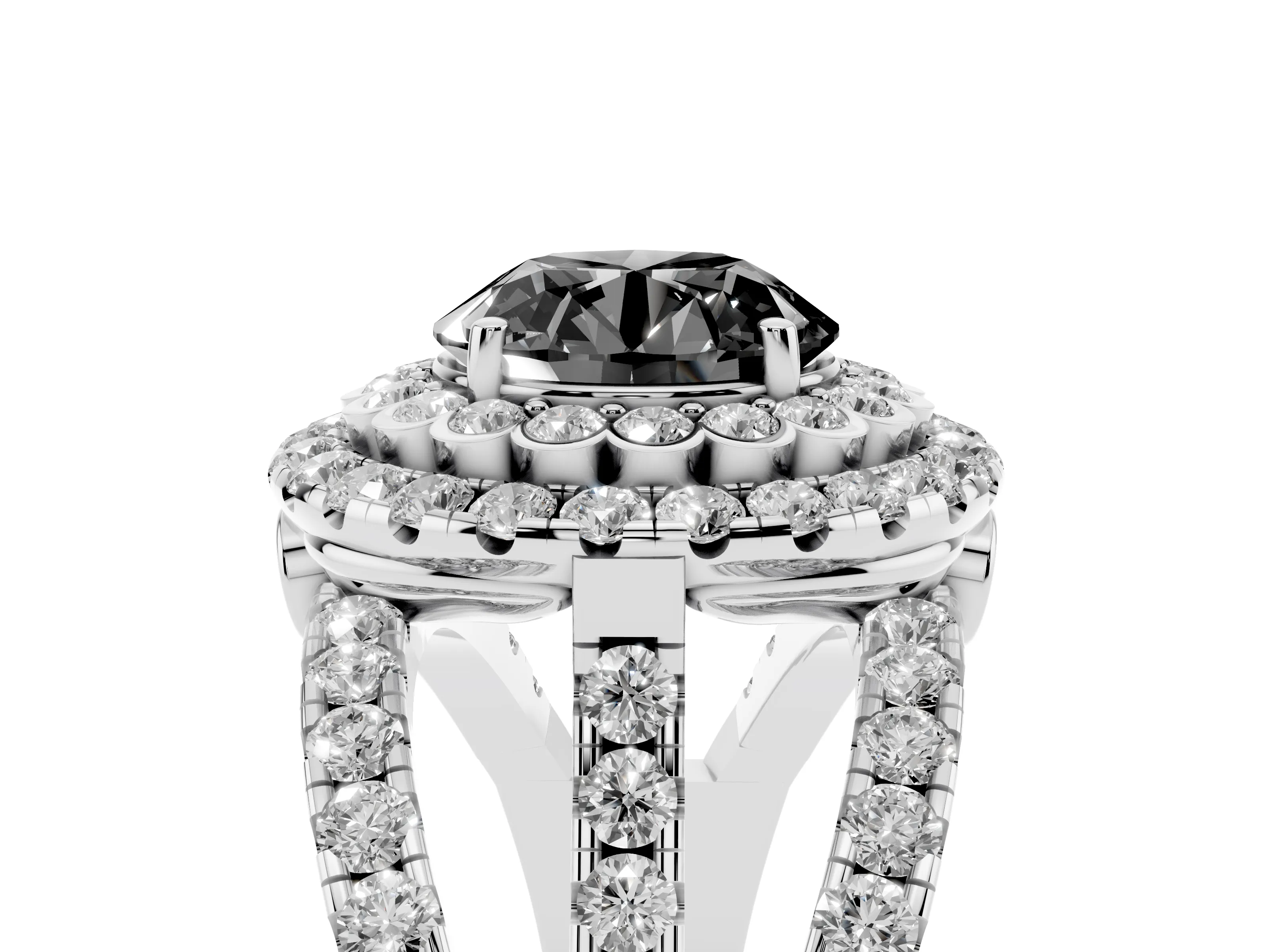 Fancy Black Round Cut Diamond Double Halo Ring Set in White gold with Round Pavé Split Shank