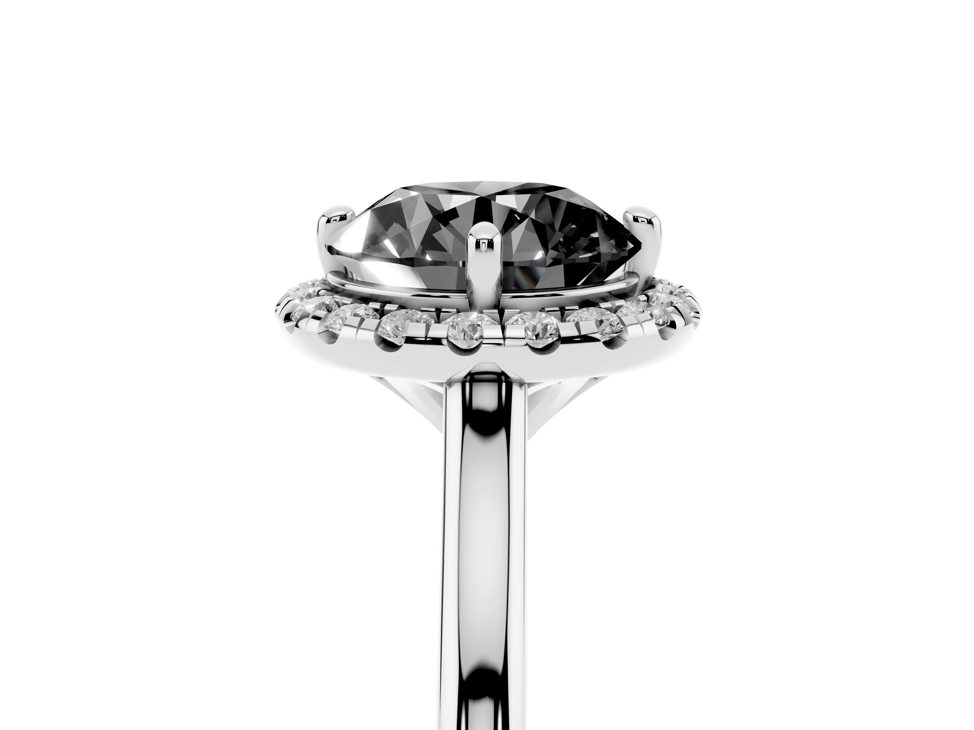 Fancy Black Round Cut Diamond Halo Engagement Ring Set in Platinum with Pavé Band and Rising Shoulders