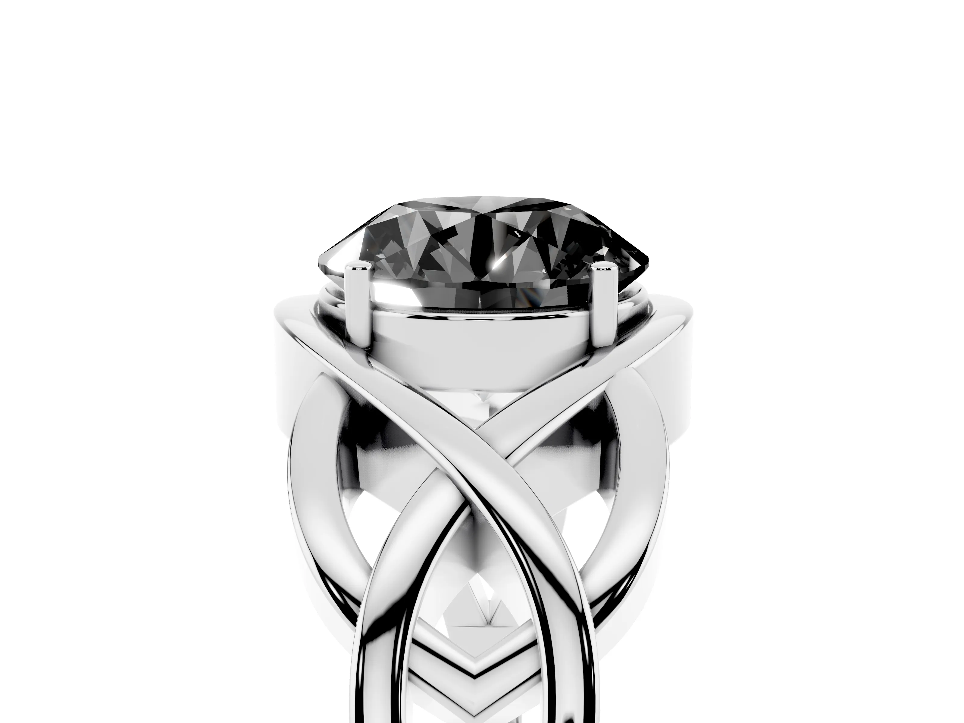 Fancy Black Round Cut Diamond Solitaire Ring Set in Platinum with Intertwined Band