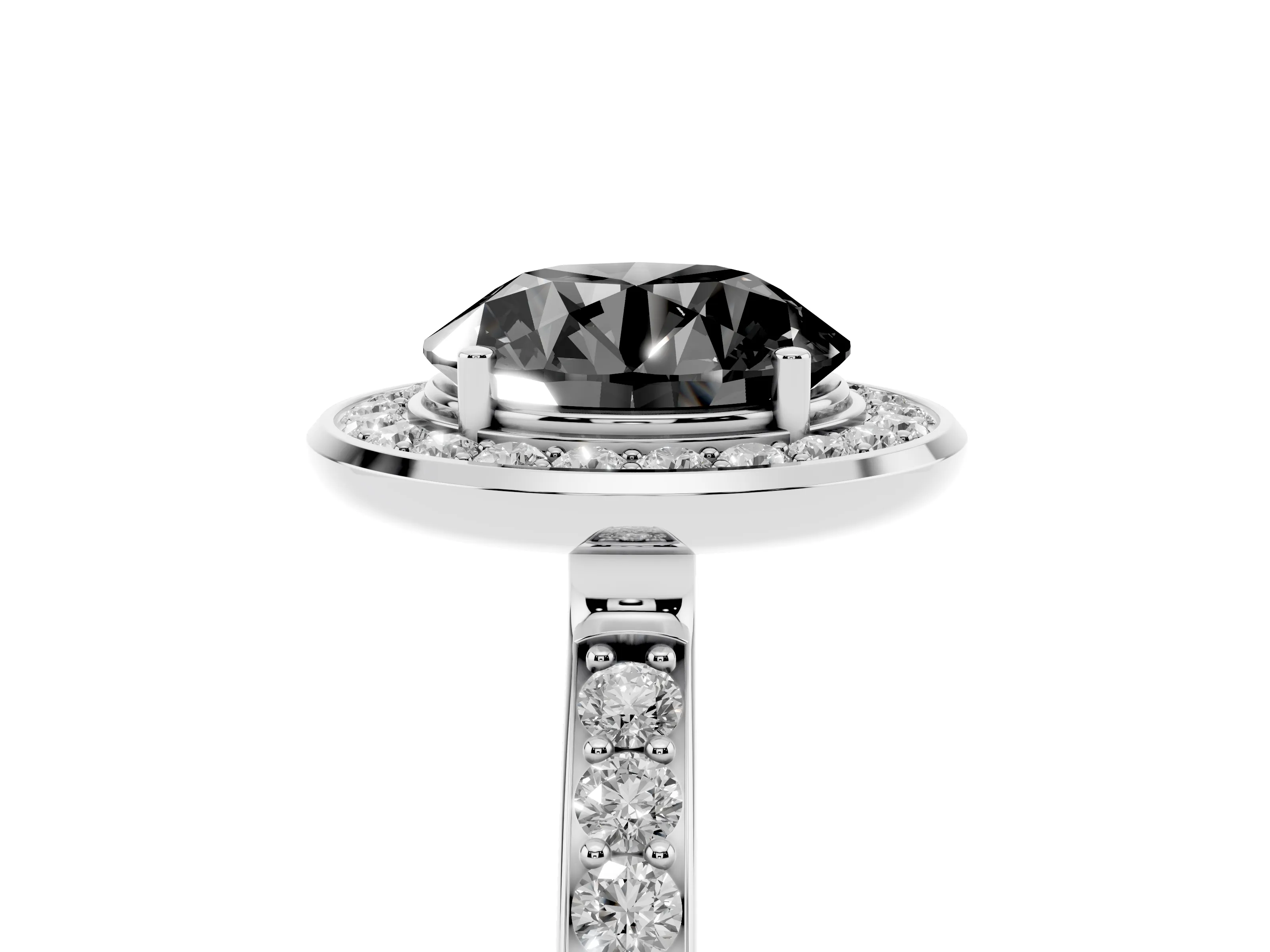 Fancy Black Round Cut Diamond Halo Ring Set in White gold with Bezel Frame and Pavé Band