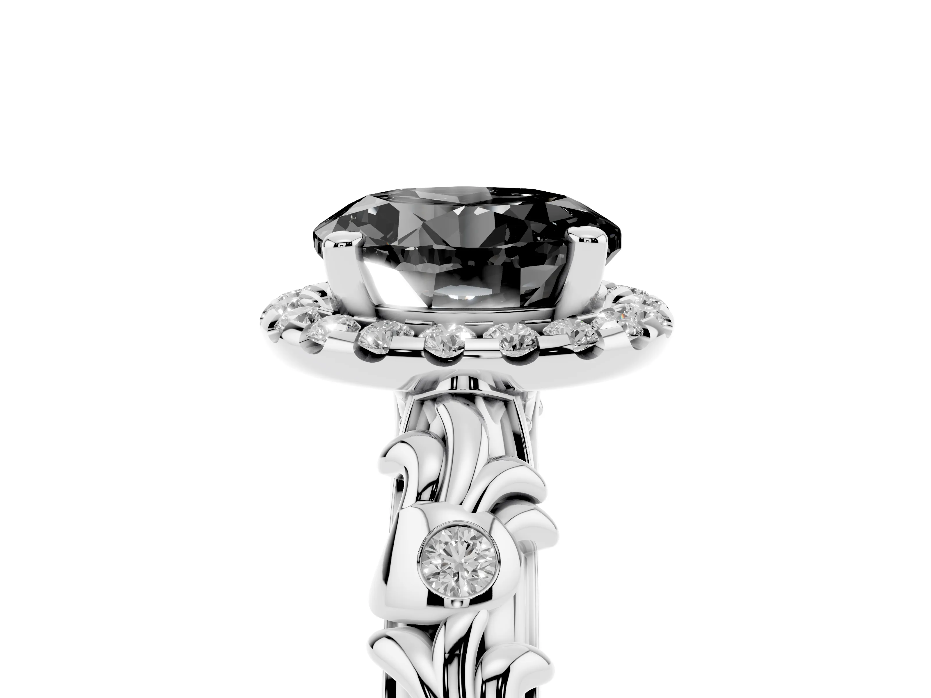 Fancy Black Round Cut Diamond Halo Ring Set in Silver with Filigree Leaf Band and Prong Setting