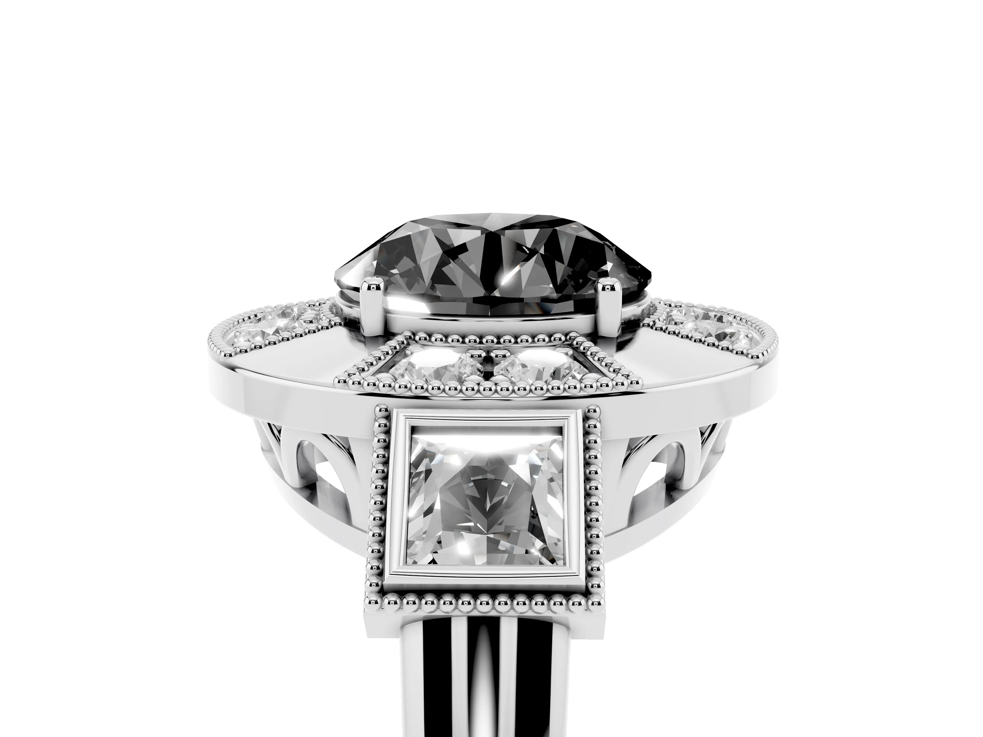 Fancy Black Round Cut Diamond Milgrain Halo Ring Set in Silver with Split Shank