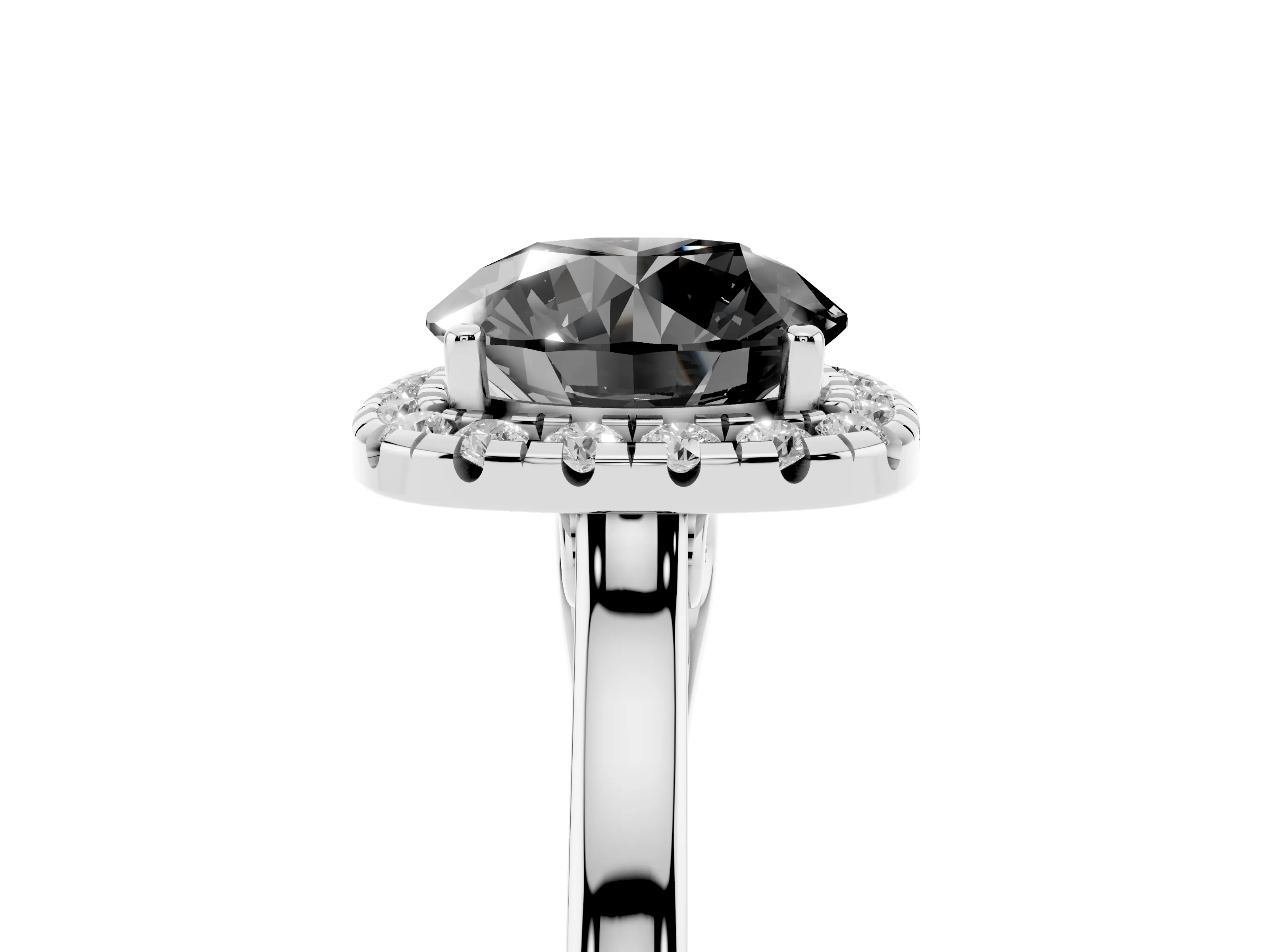 Fancy Black Round Cut Halo Round Diamond Solitaire Ring Set in Silver with Pavé Band and Prong Setting