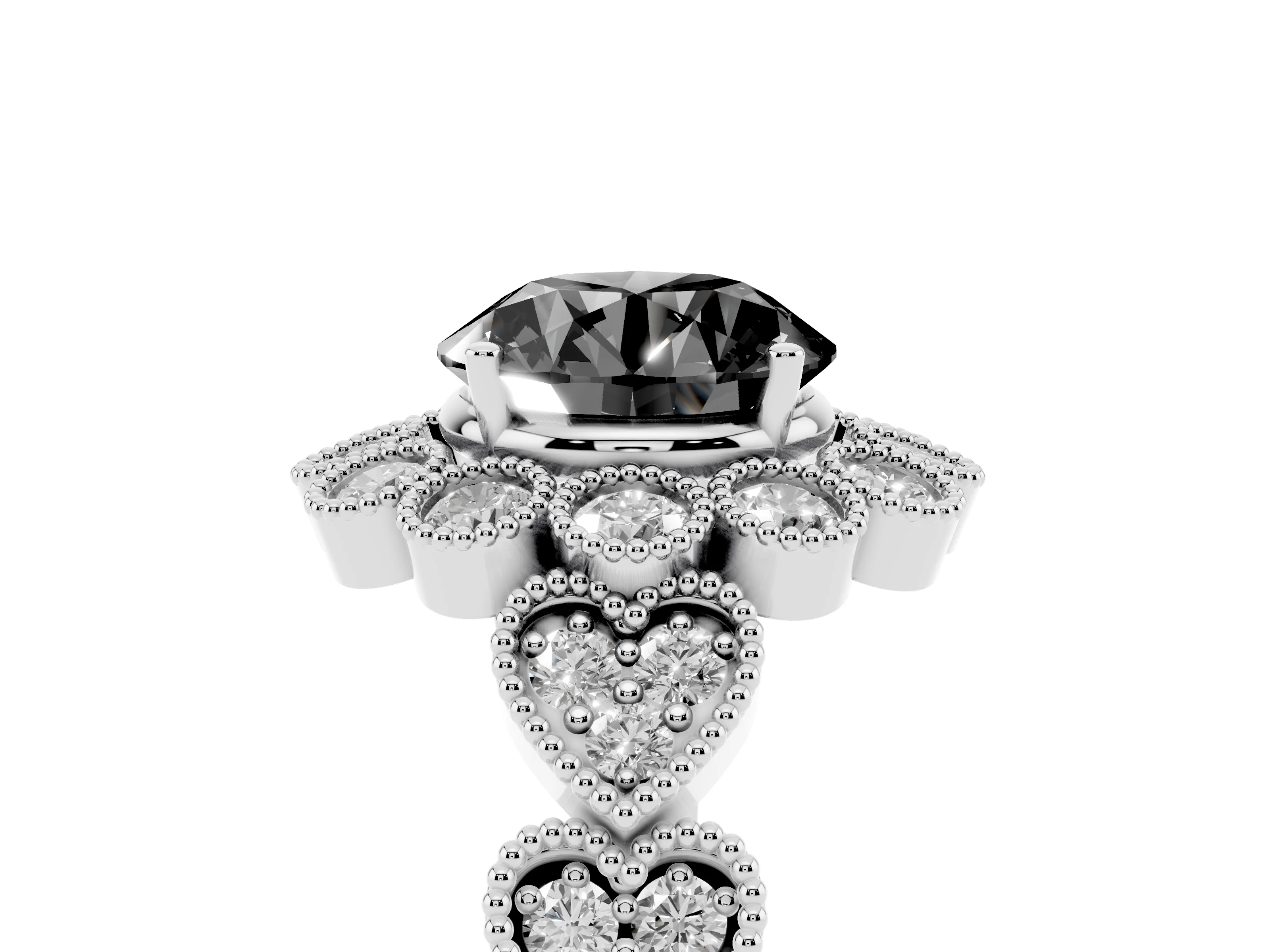 Fancy Black Round Cut Diamond Solitaire Ring Set in White gold with Milgrain Pavé Heart Band