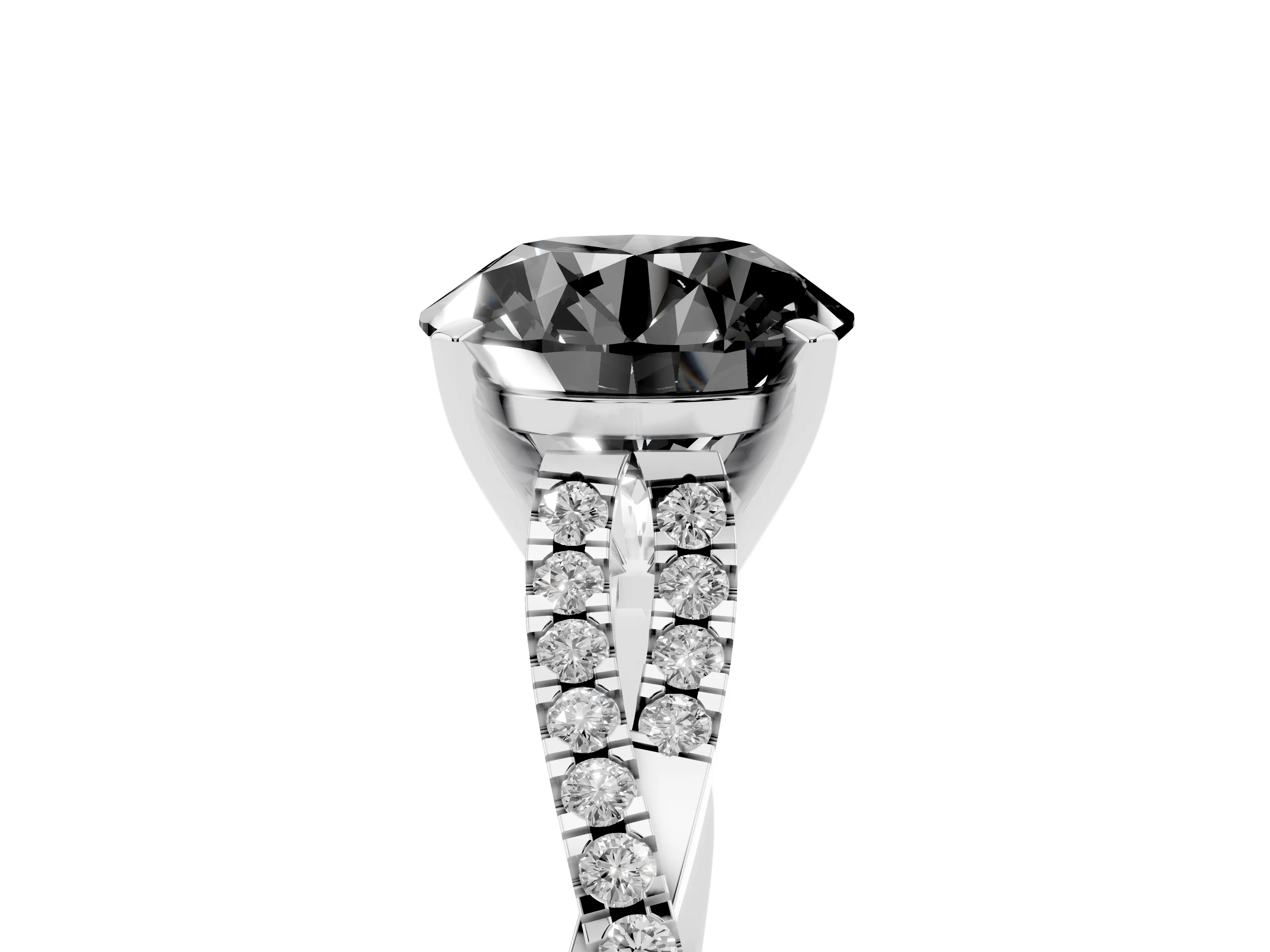 Fancy Black Round Cut Diamond Solitaire Engagement Ring Set in White gold with Twisted Pavé Band and Prong Setting