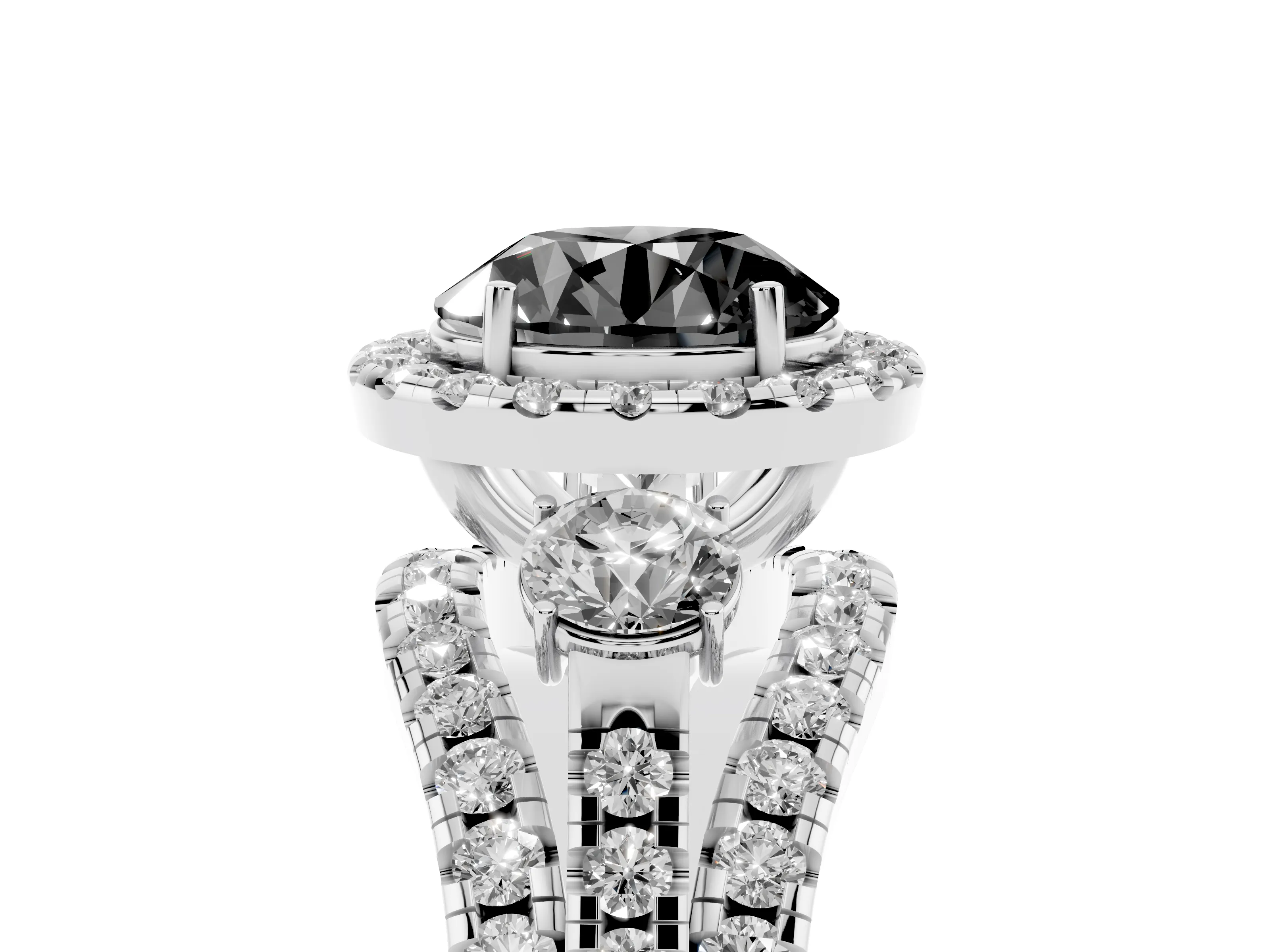 Fancy Black Round Cut Diamond Halo Split Shank Ring Set in Silver with Round Accent Stones and Prong Setting
