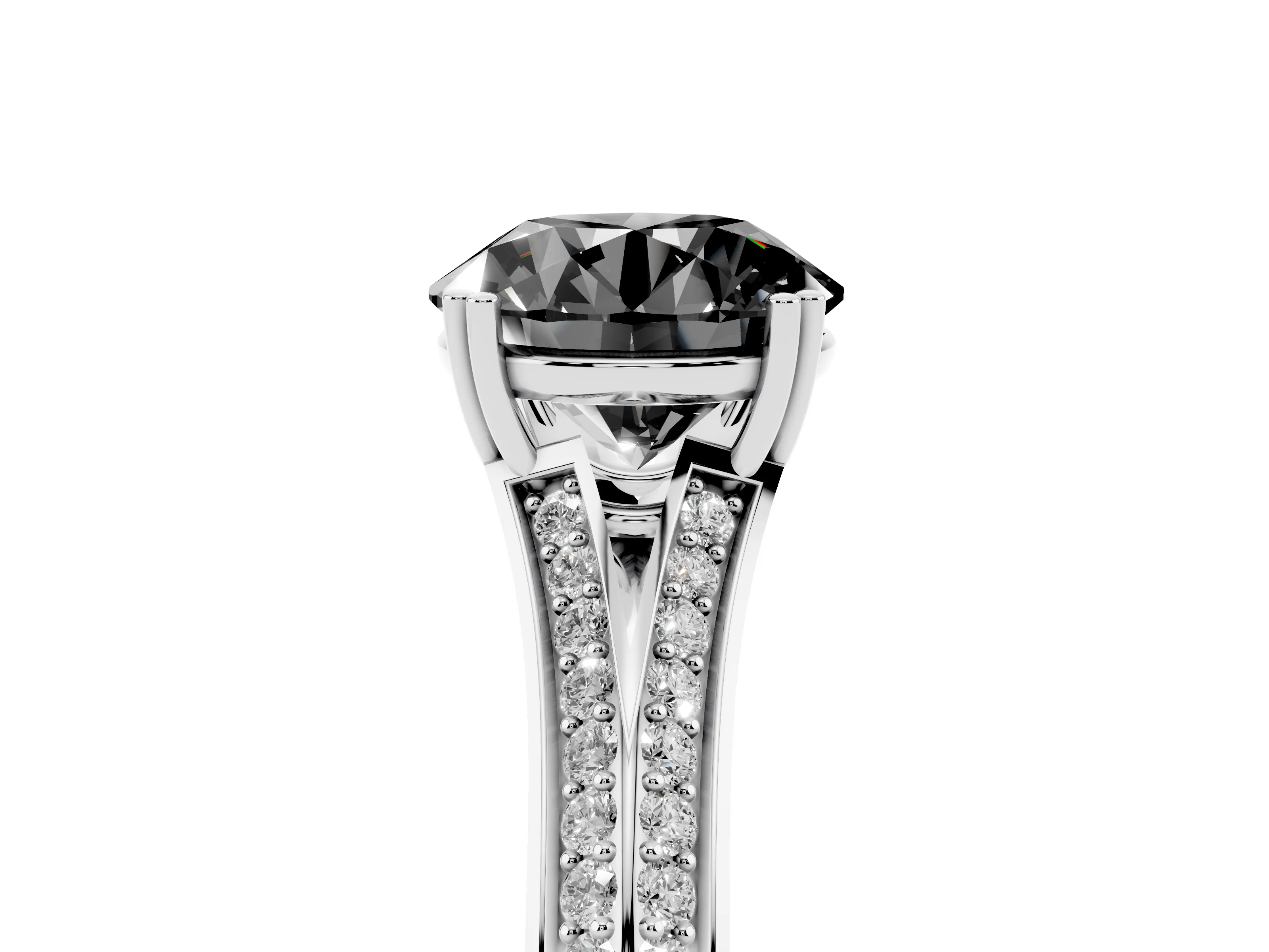 Fancy Black Round Cut Diamond Split Shank Pavé Engagement Ring Set in Platinum with Prong-Set Center Stone