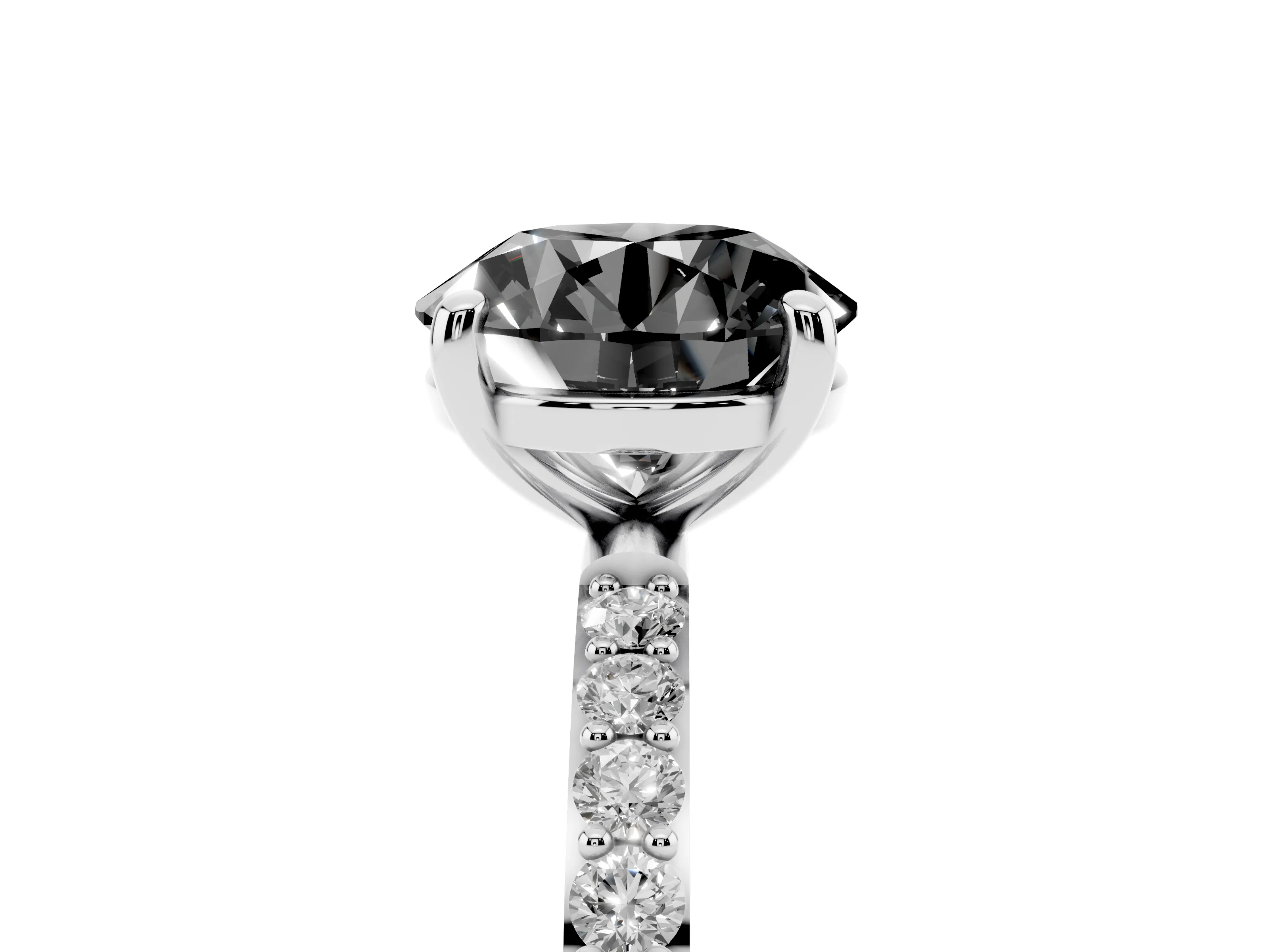 Fancy Black Round Cut Diamond Solitaire Ring Set in Platinum with Round Pavé Band and Prong Setting