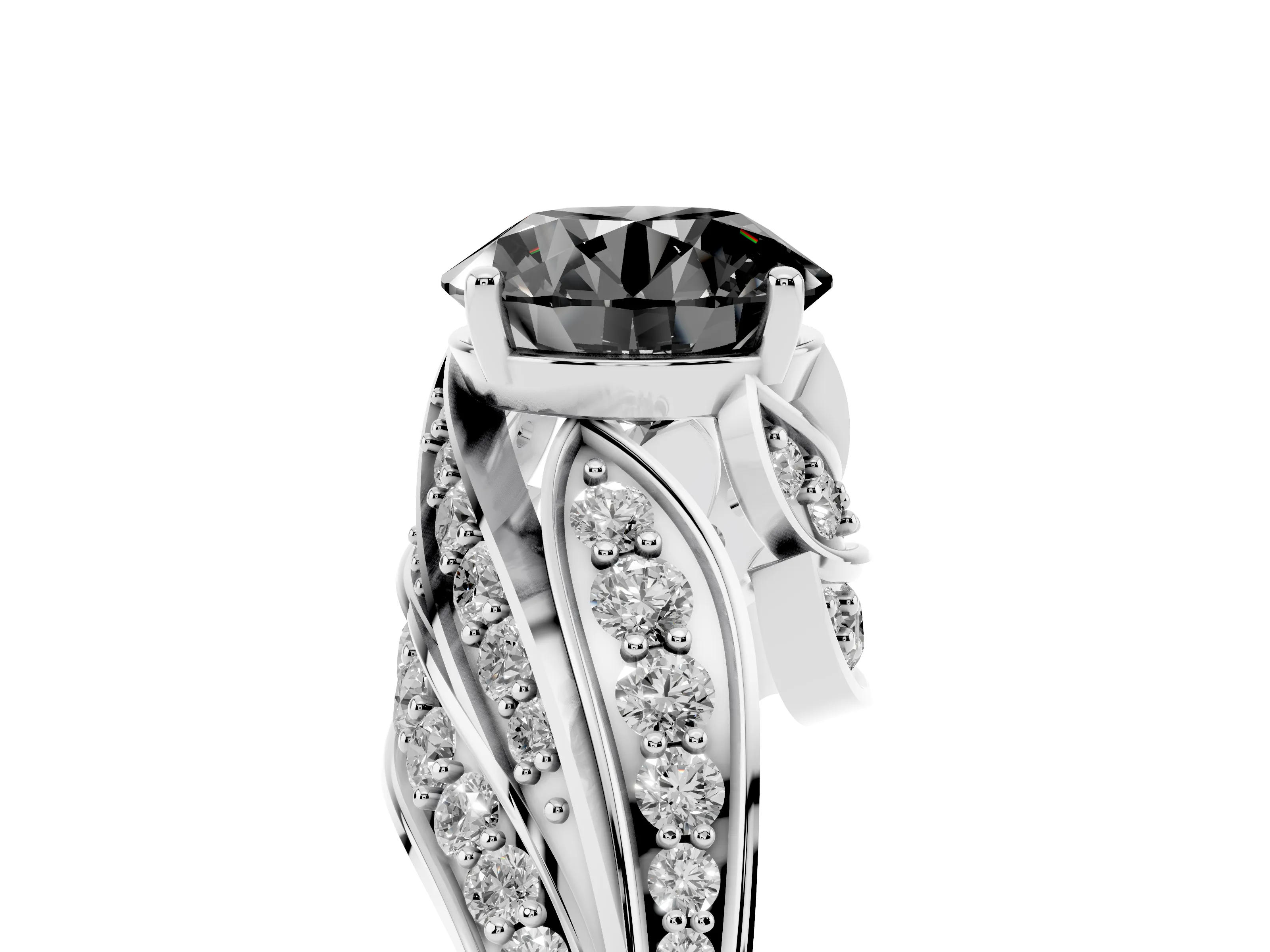 Fancy Black Round Cut Diamond Solitaire Ring Set in Silver with Layered Twist Pavé Band