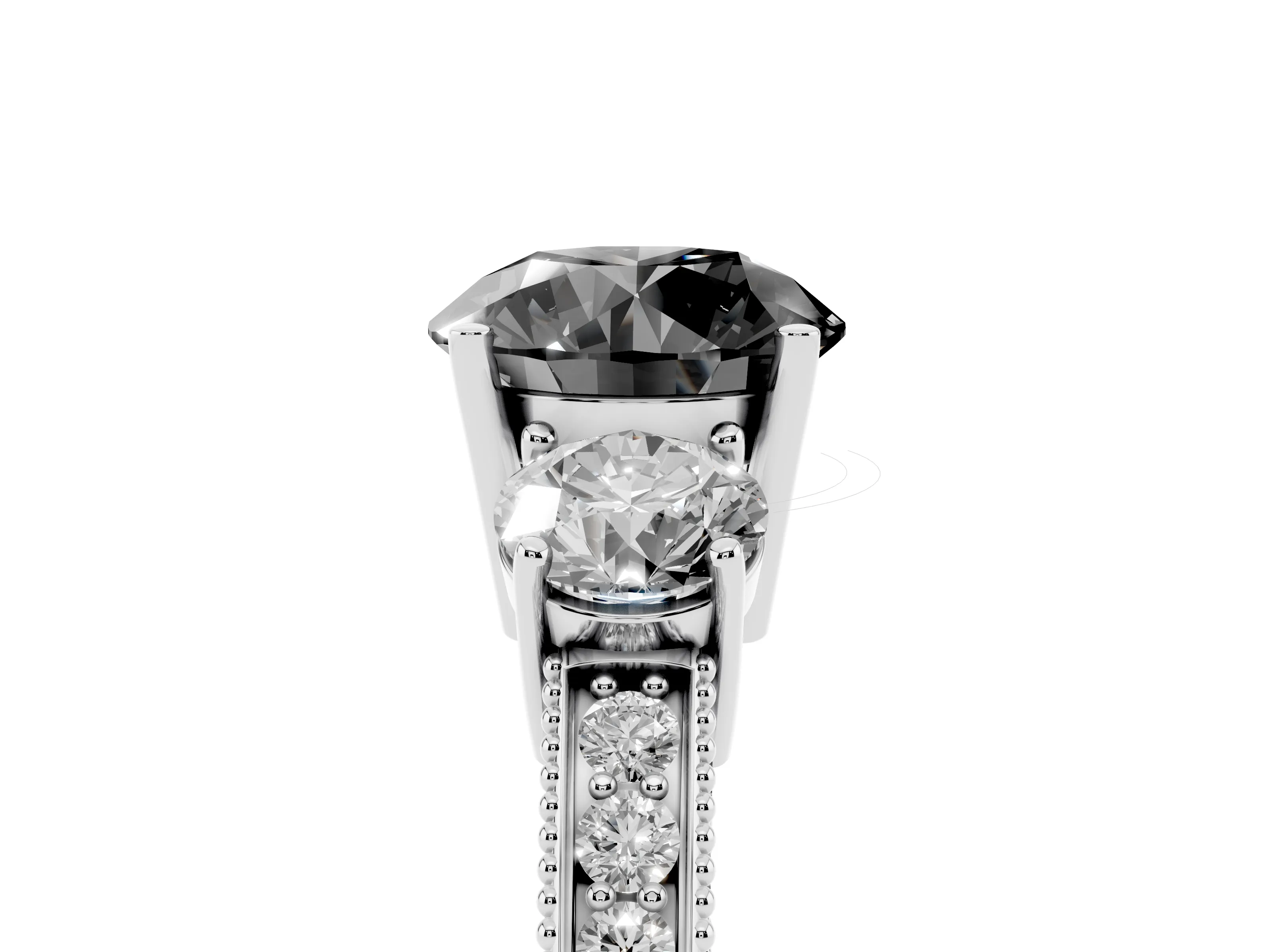Fancy Black Round Cut Diamond Three-Stone Ring Set in Platinum with Round Side Stones and Pavé Band
